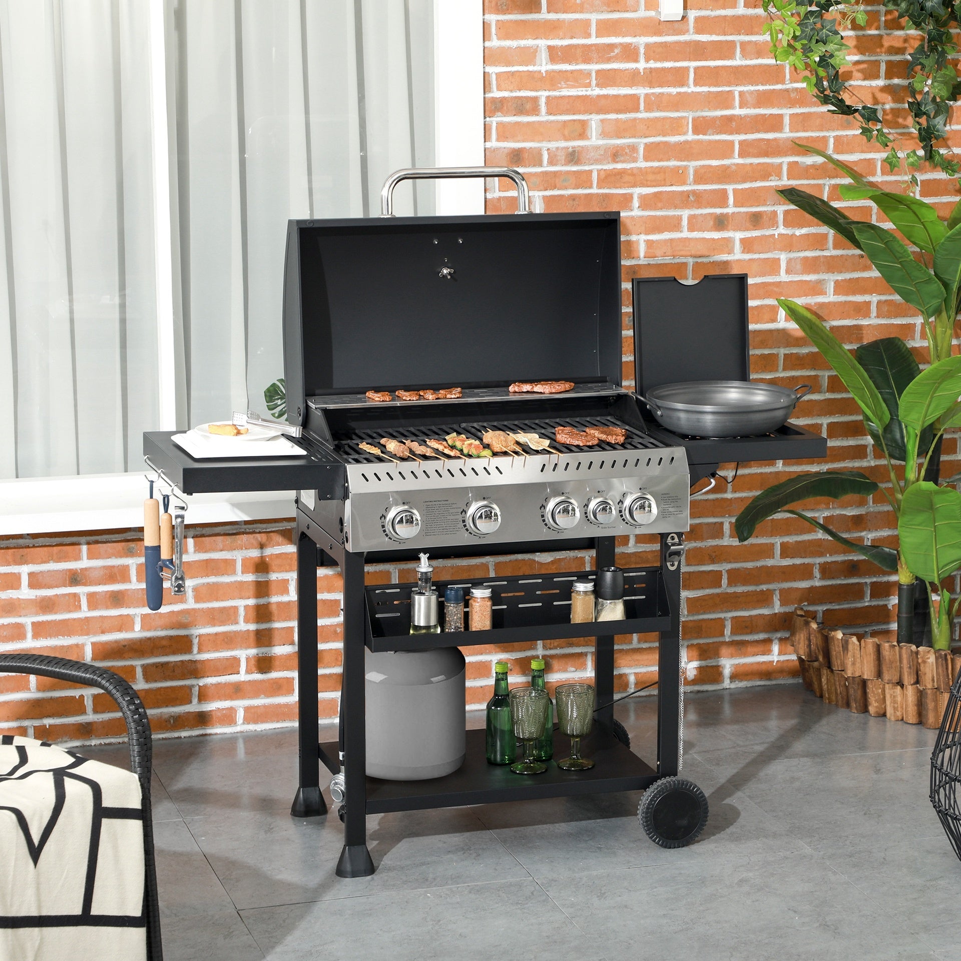Outsunny 4 Burner Propane Gas Grill with Side Burner, 40,000 BTU Outdoor Barbeque with Shelves, Thermometer, Bottle Opener, Black
