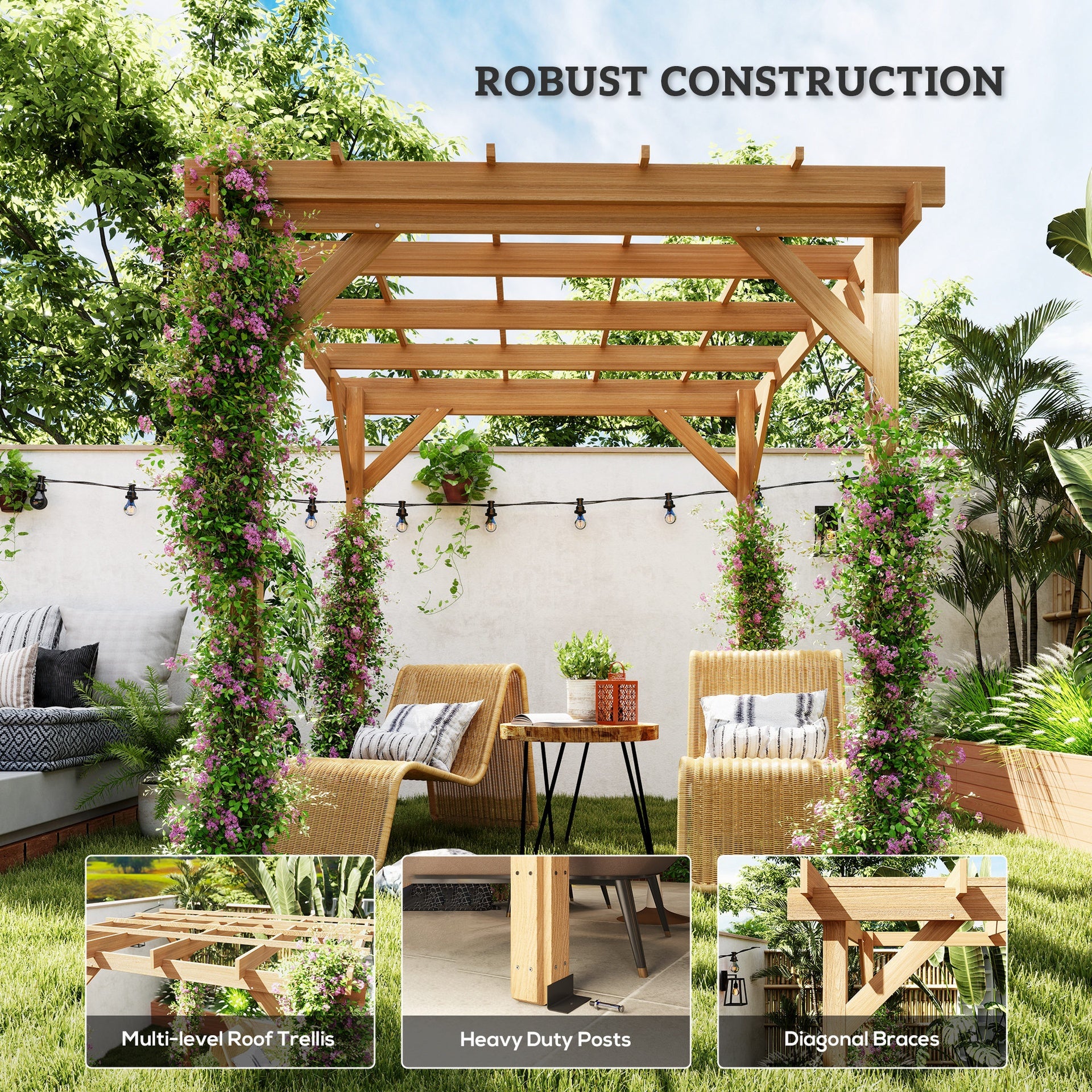 Outsunny 6.6' x 6.6' Wood Pergola, Outdoor Gazebo Grape Trellis with Stable Structure for Climbing Plant Support, Dark Brown