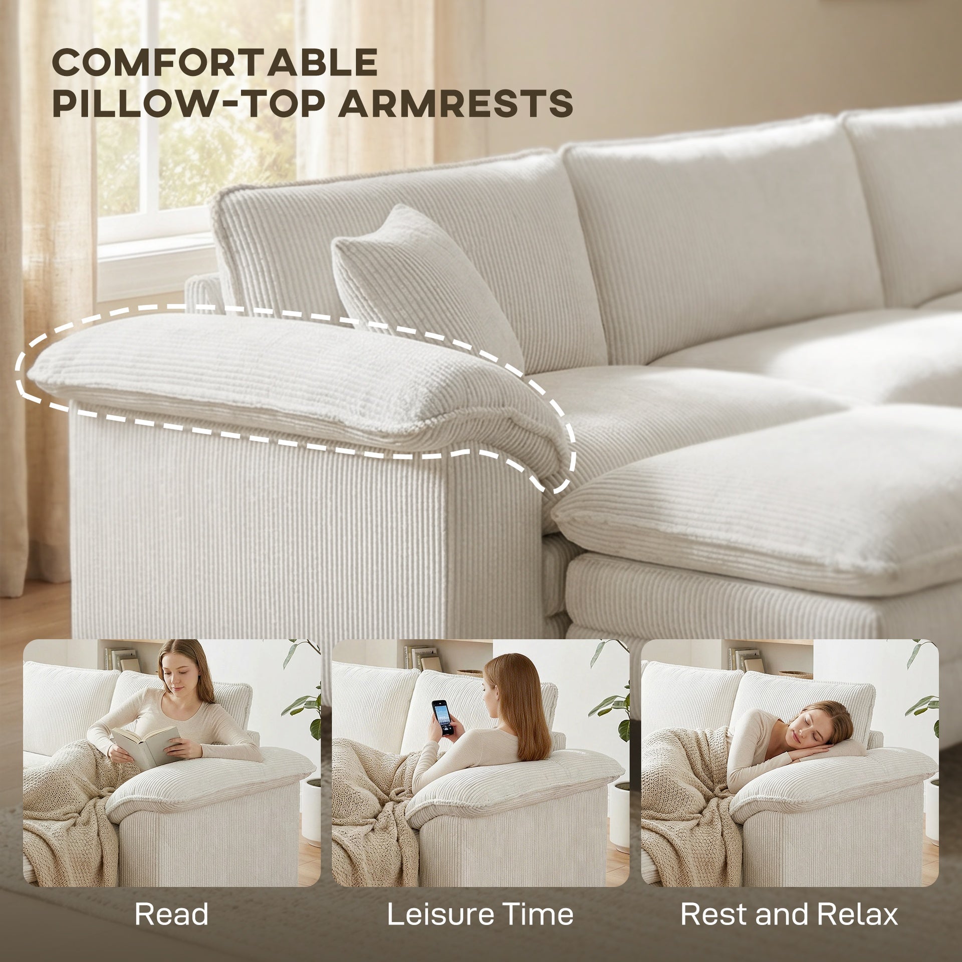 HOMCOM Sectional Sofa, L Shaped Couch with Deep Seat, Movable Ottoman and Pillow-top Armrests, Beige