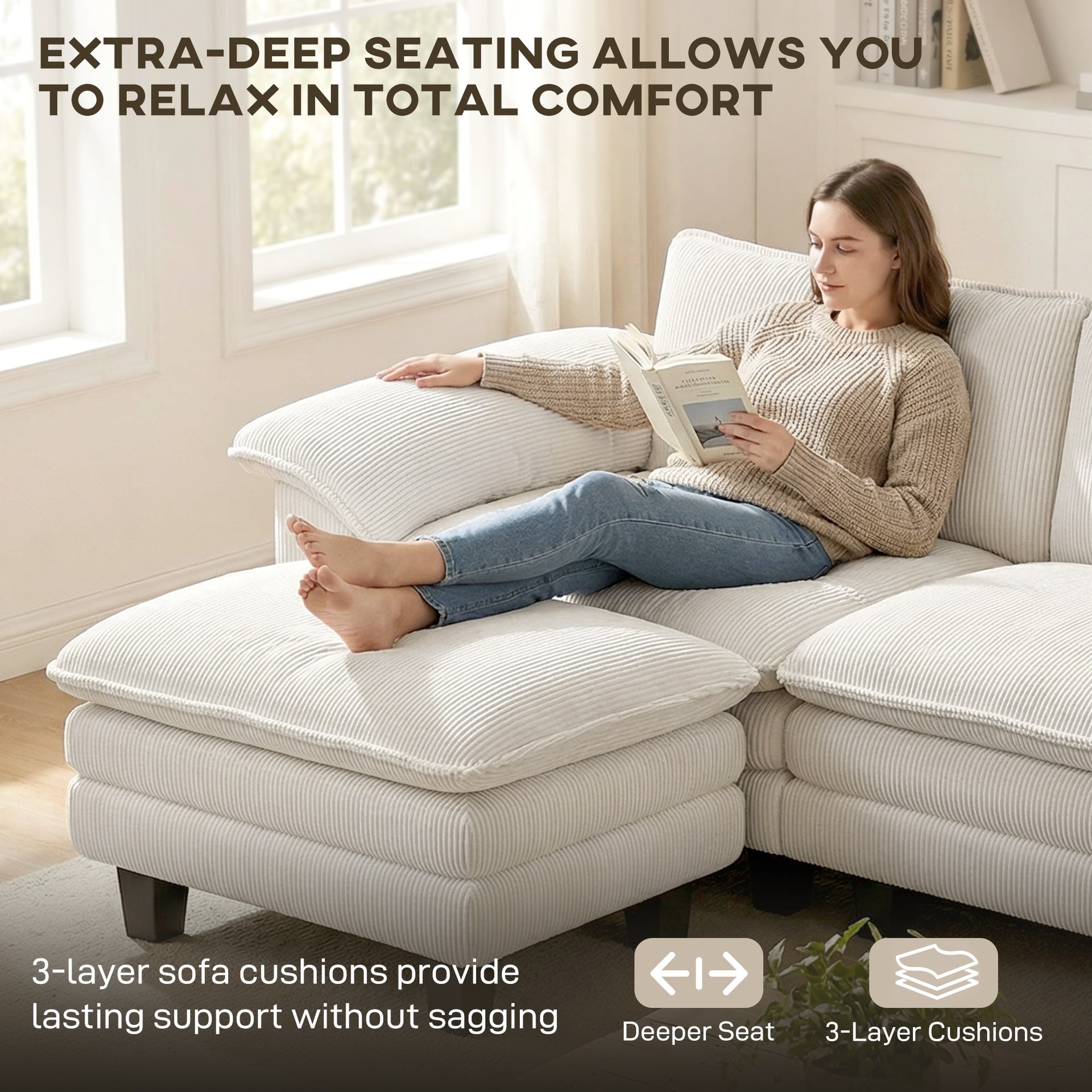 HOMCOM Sectional Sofa, L Shaped Couch with Deep Seat, Movable Ottoman and Pillow-top Armrests, Beige