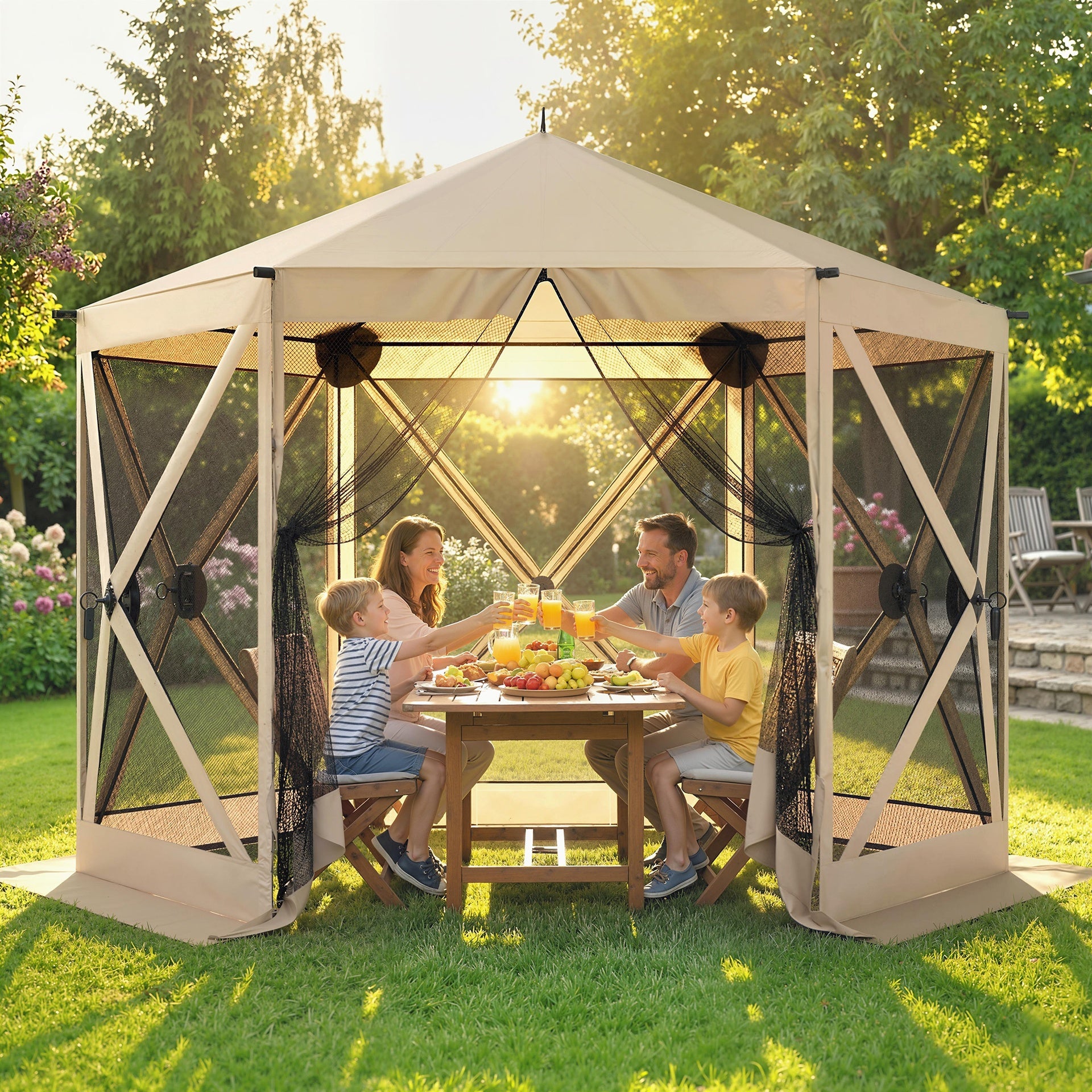 Outsunny 10 x 11 ft Pop Up Gazebo Screen Tent, Portable Instant Camping Canopy Screen House with Nettings, Carry Bag, Beige