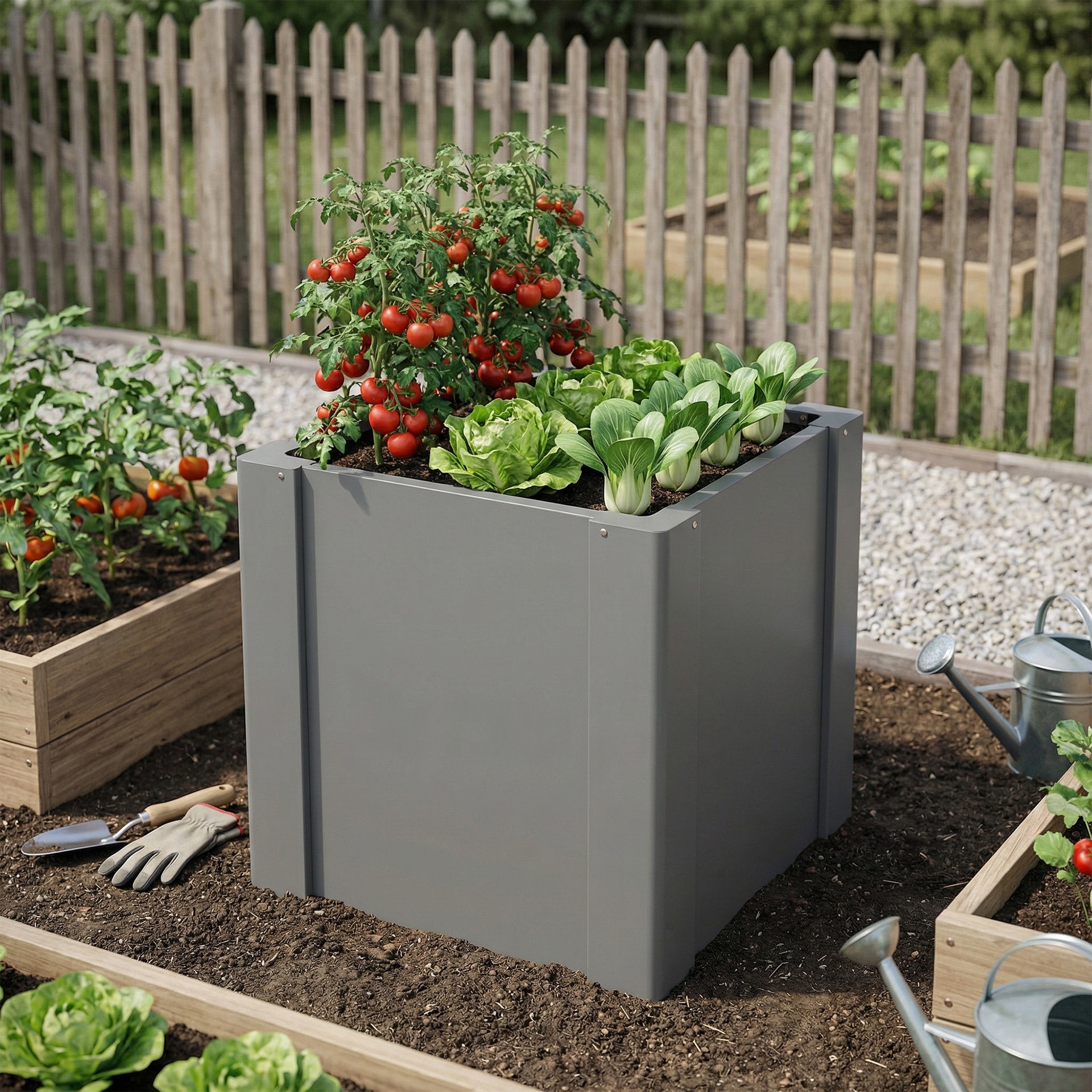 Outsunny Raised Garden Bed Galvanized Planter Box Outdoor with Gloves for Gardening Vegetables, Flower, Herb, 1.4 x 1.4 x 1.5 ft, Gray