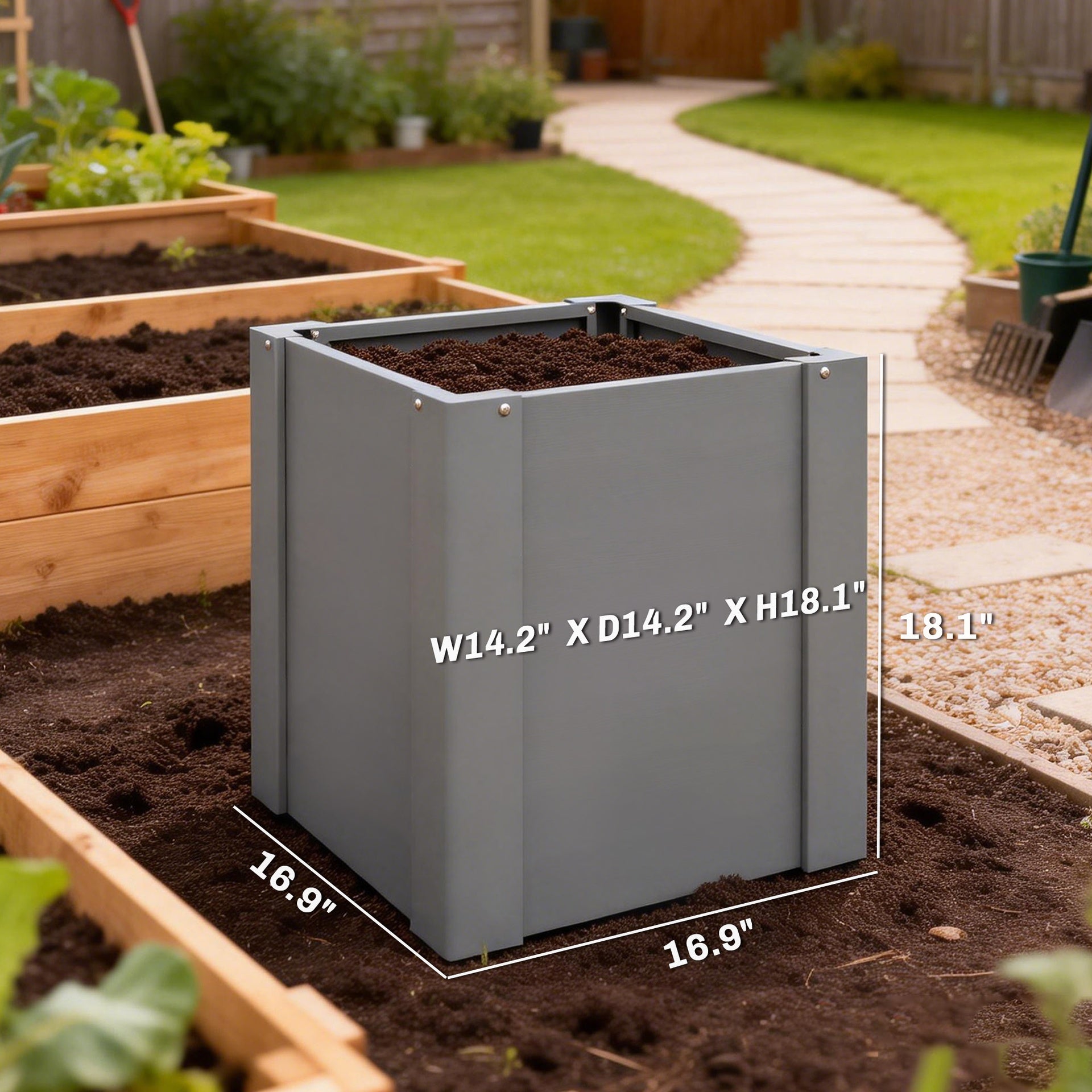 Outsunny Raised Garden Bed Galvanized Planter Box Outdoor with Gloves for Gardening Vegetables, Flower, Herb, 1.4 x 1.4 x 1.5 ft, Gray