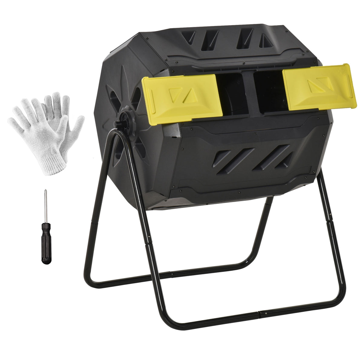 Outsunny Tumbling Compost Bin Outdoor 360° Dual Chamber Rotating Composter 43 Gallon, Yellow