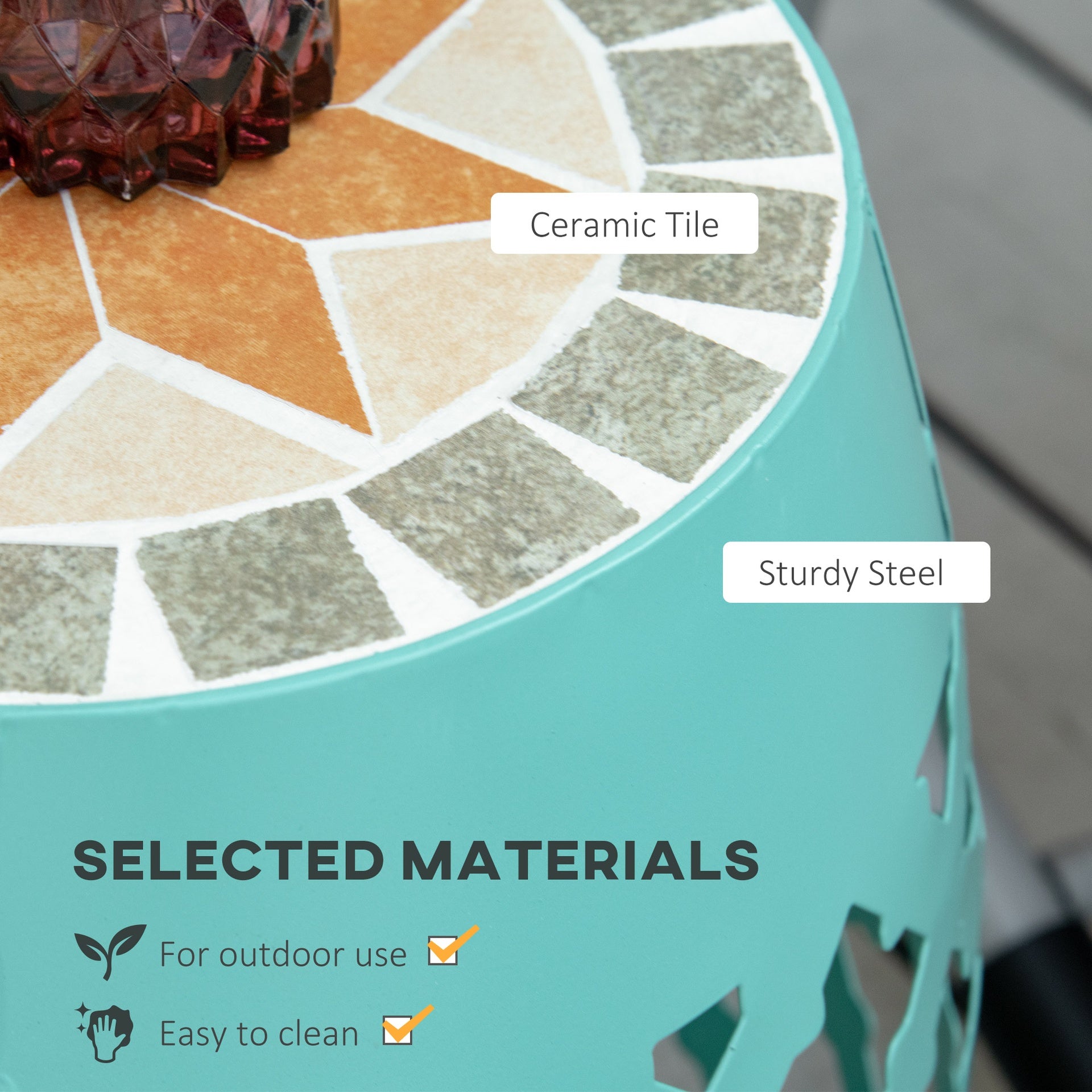 Outsunny Decorative Outdoor Stool, 12" Round Patio Side Table, Mosaic Accent Plant Stand for Garden, Balcony, Blue