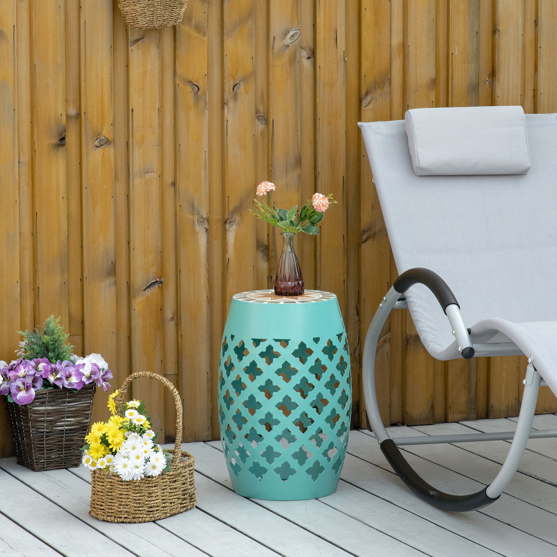 Outsunny Decorative Outdoor Stool, 12" Round Patio Side Table, Mosaic Accent Plant Stand for Garden, Balcony, Blue