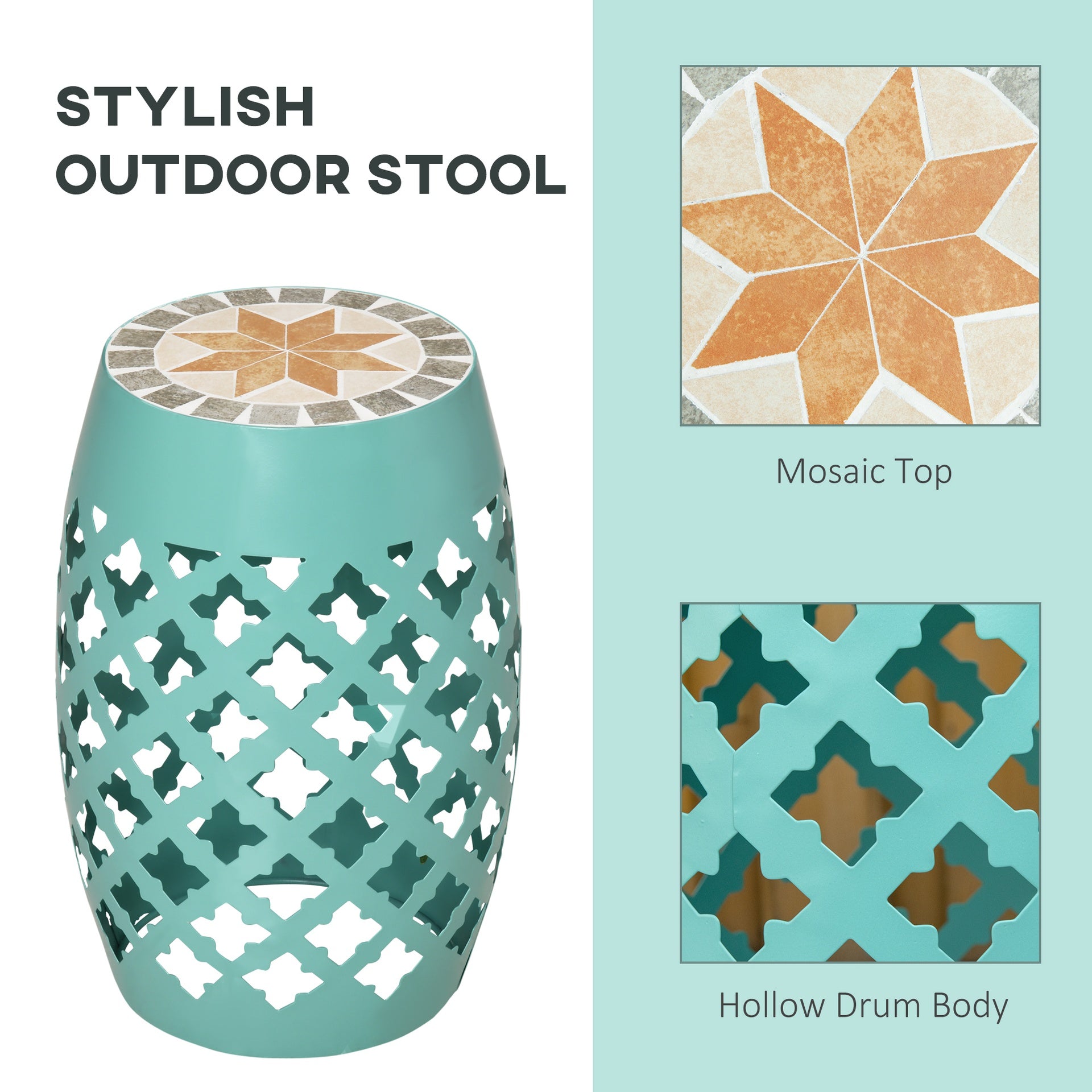 Outsunny Decorative Outdoor Stool, 12" Round Patio Side Table, Mosaic Accent Plant Stand for Garden, Balcony, Blue