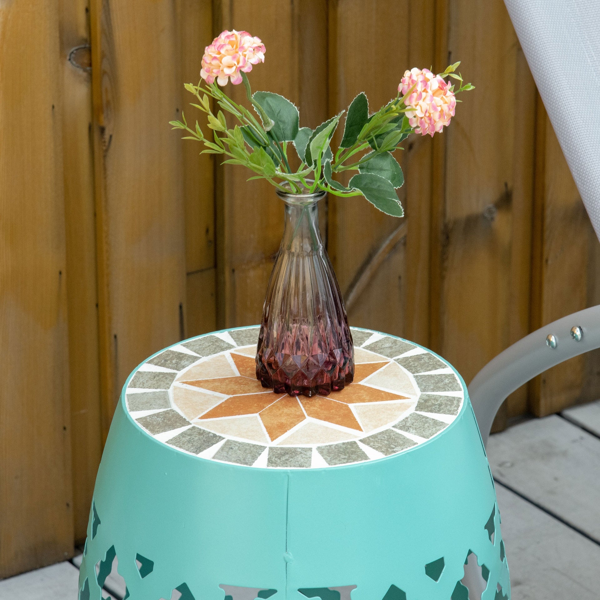 Outsunny Decorative Outdoor Stool, 12" Round Patio Side Table, Mosaic Accent Plant Stand for Garden, Balcony, Blue