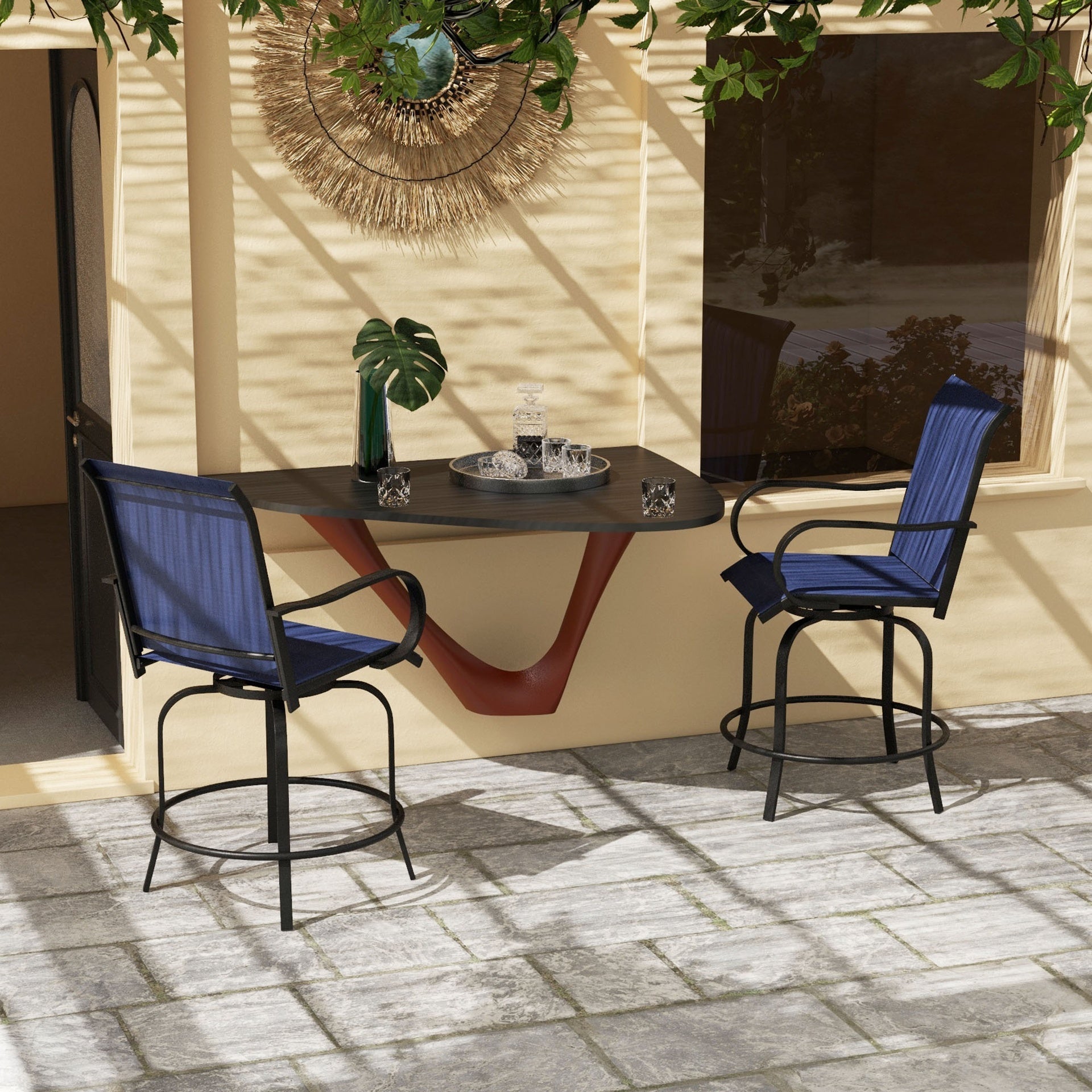 Outsunny Outdoor Bar Stools Set of 2, 360° Swivel Bar Height Chairs, 26.75" x 29.5" x 48.5", Navy Blue