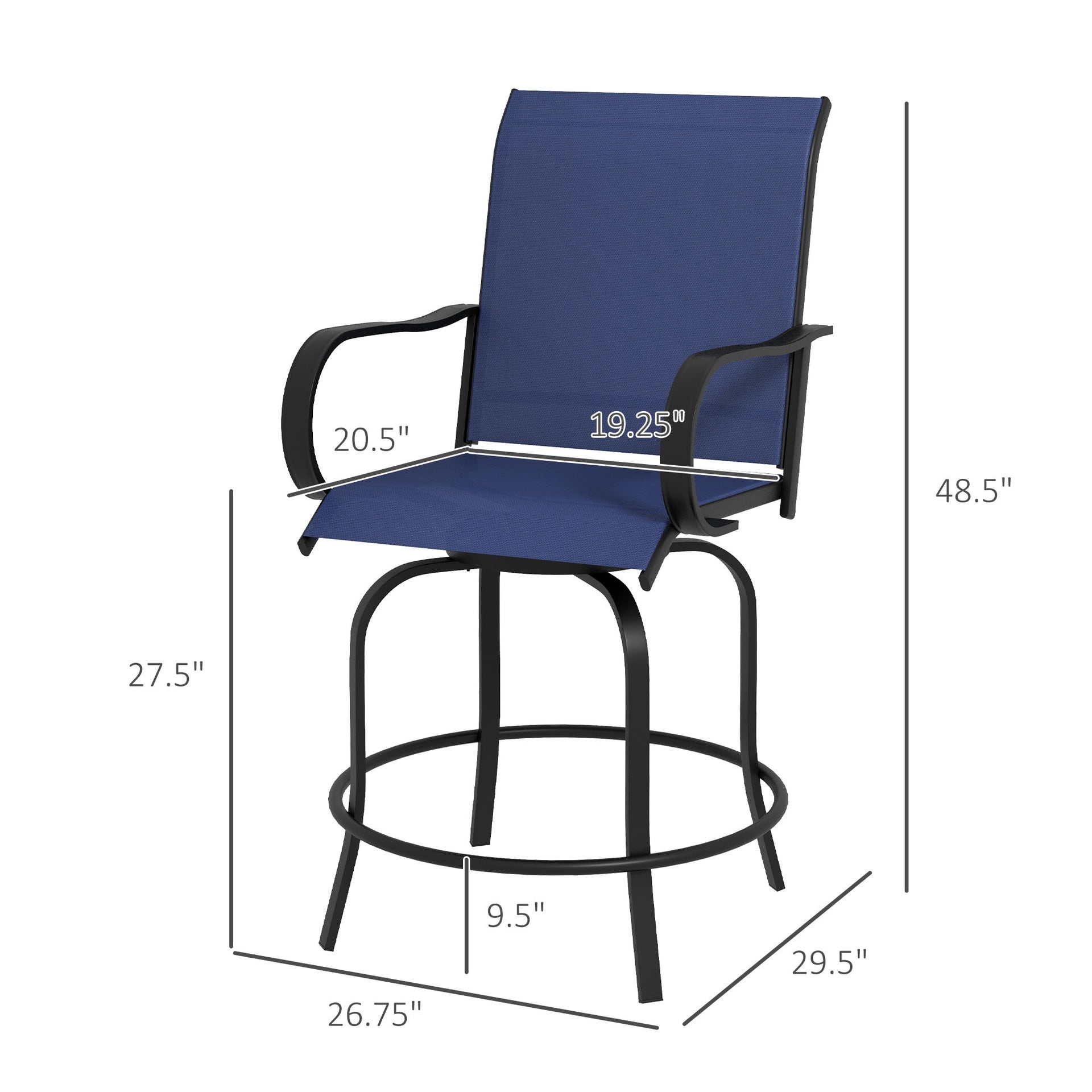 Outsunny Outdoor Bar Stools Set of 2, 360° Swivel Bar Height Chairs, 26.75" x 29.5" x 48.5", Navy Blue