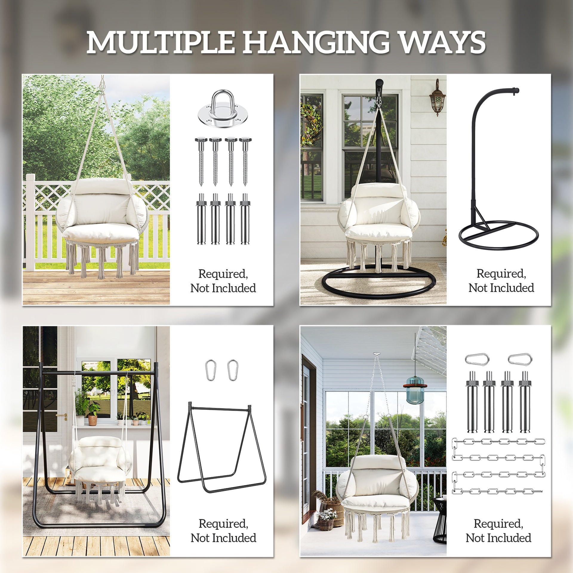 Outsunny Hammock Swing Chair, Macrame Hanging Chair with Large Cushion, Chain, Steel Frame for Indoor Outdoor Use, Cream White