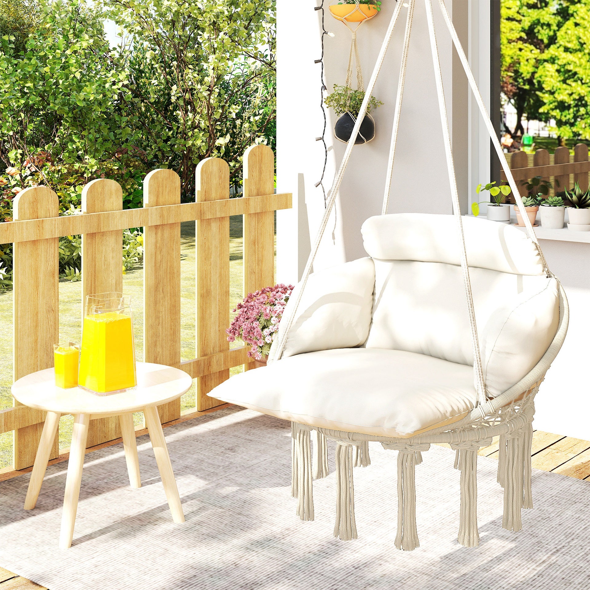 Outsunny Hammock Swing Chair, Macrame Hanging Chair with Large Cushion, Chain, Steel Frame for Indoor Outdoor Use, Cream White