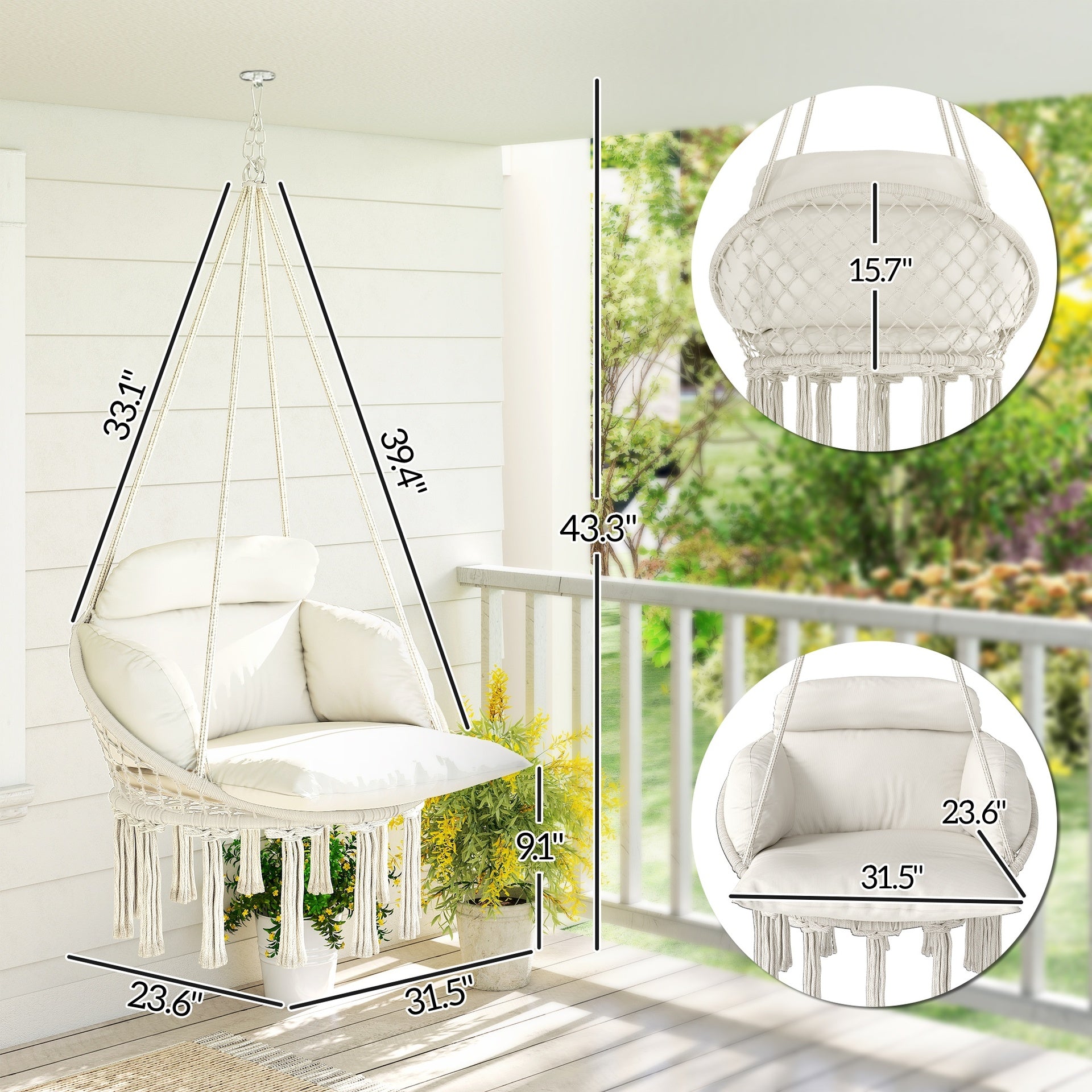 Outsunny Hammock Swing Chair, Macrame Hanging Chair with Large Cushion, Chain, Steel Frame for Indoor Outdoor Use, Cream White