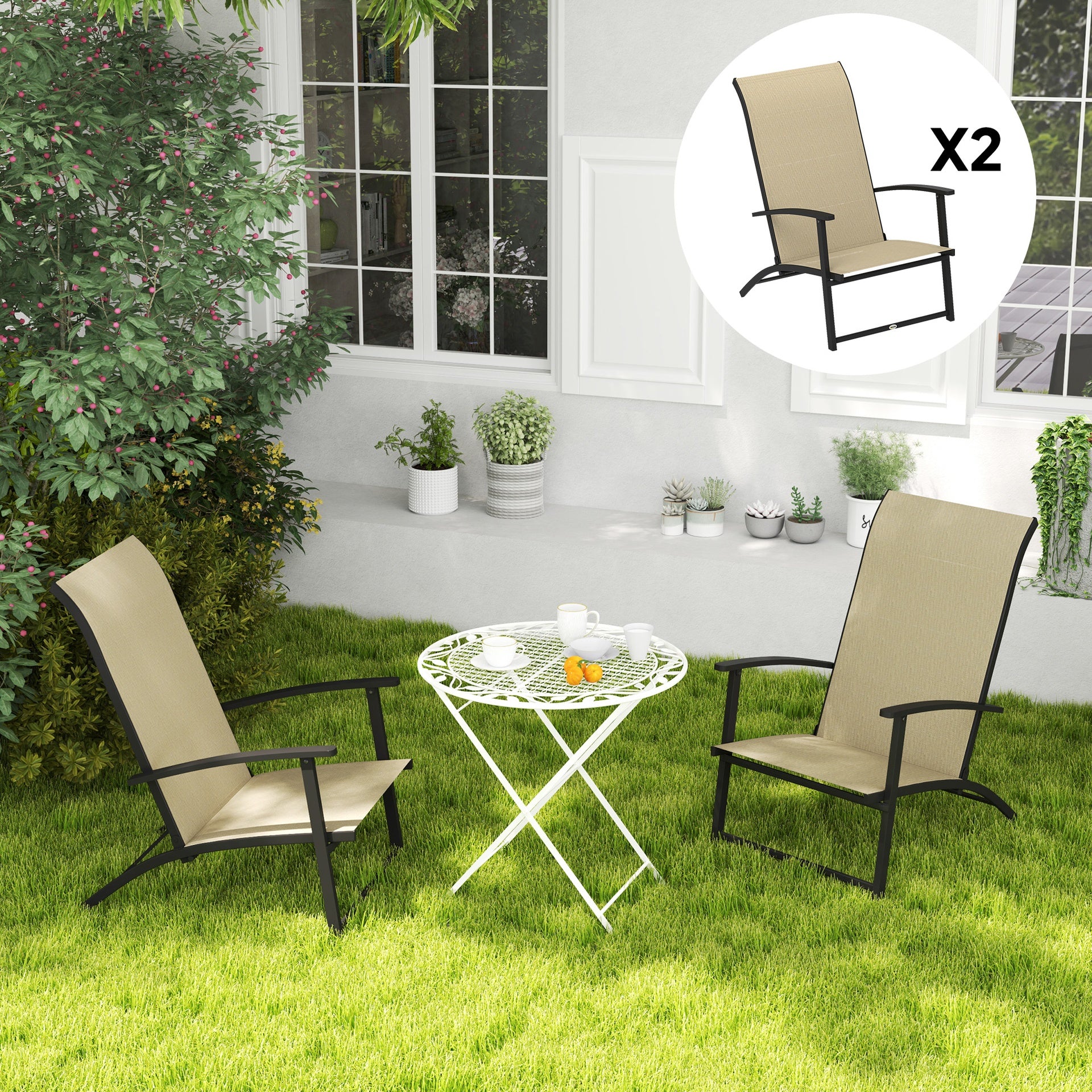 Outsunny Set of 2 Outdoor Dining Chairs with High Back, Armrests, Folding Patio Chairs for Patio, Lawn, Camping, Beige