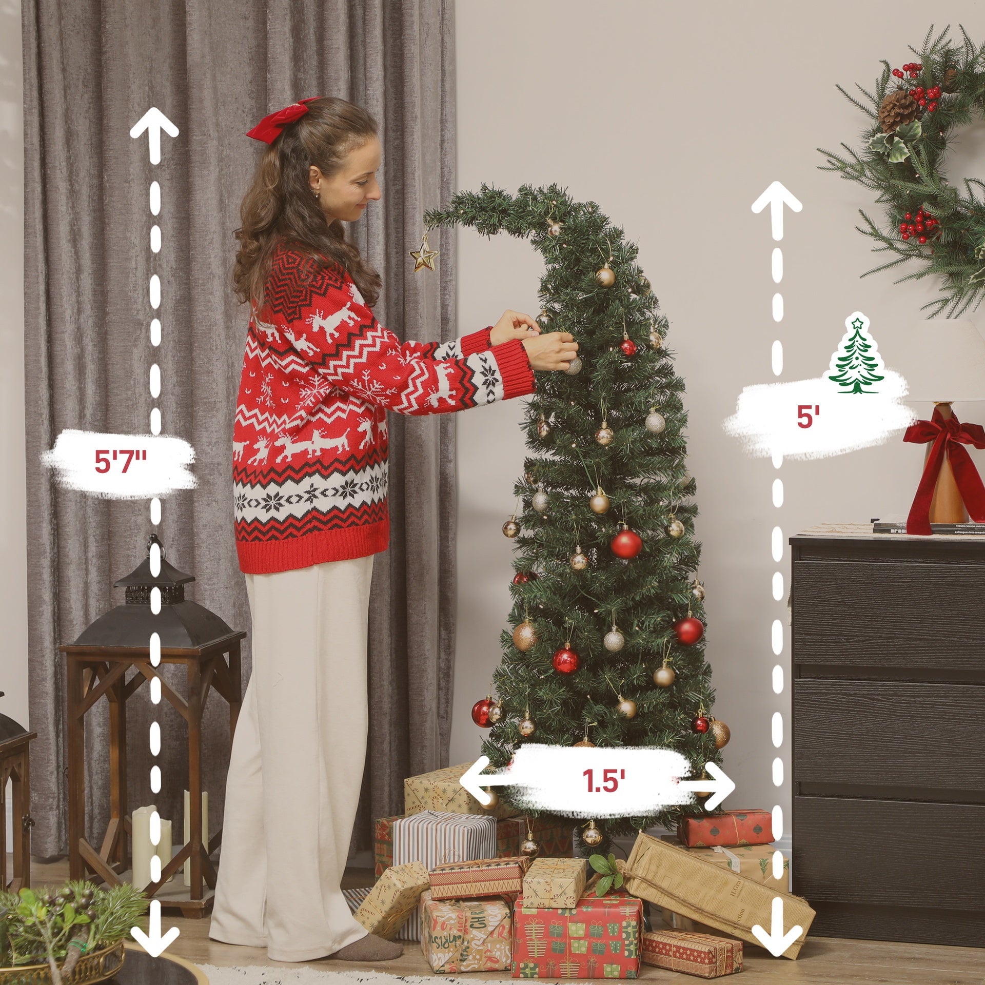 HOMCOM 5 ft Prelit Christmas Tree, Whimsical Xmas Tree Slim High Mountain Fir with 100 LEDs and Metal Stand, Green