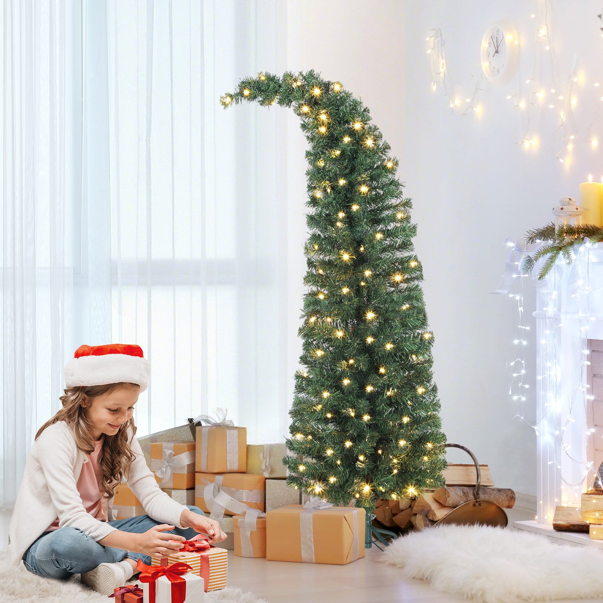 HOMCOM 5 ft Prelit Christmas Tree, Whimsical Xmas Tree Slim High Mountain Fir with 100 LEDs and Metal Stand, Green