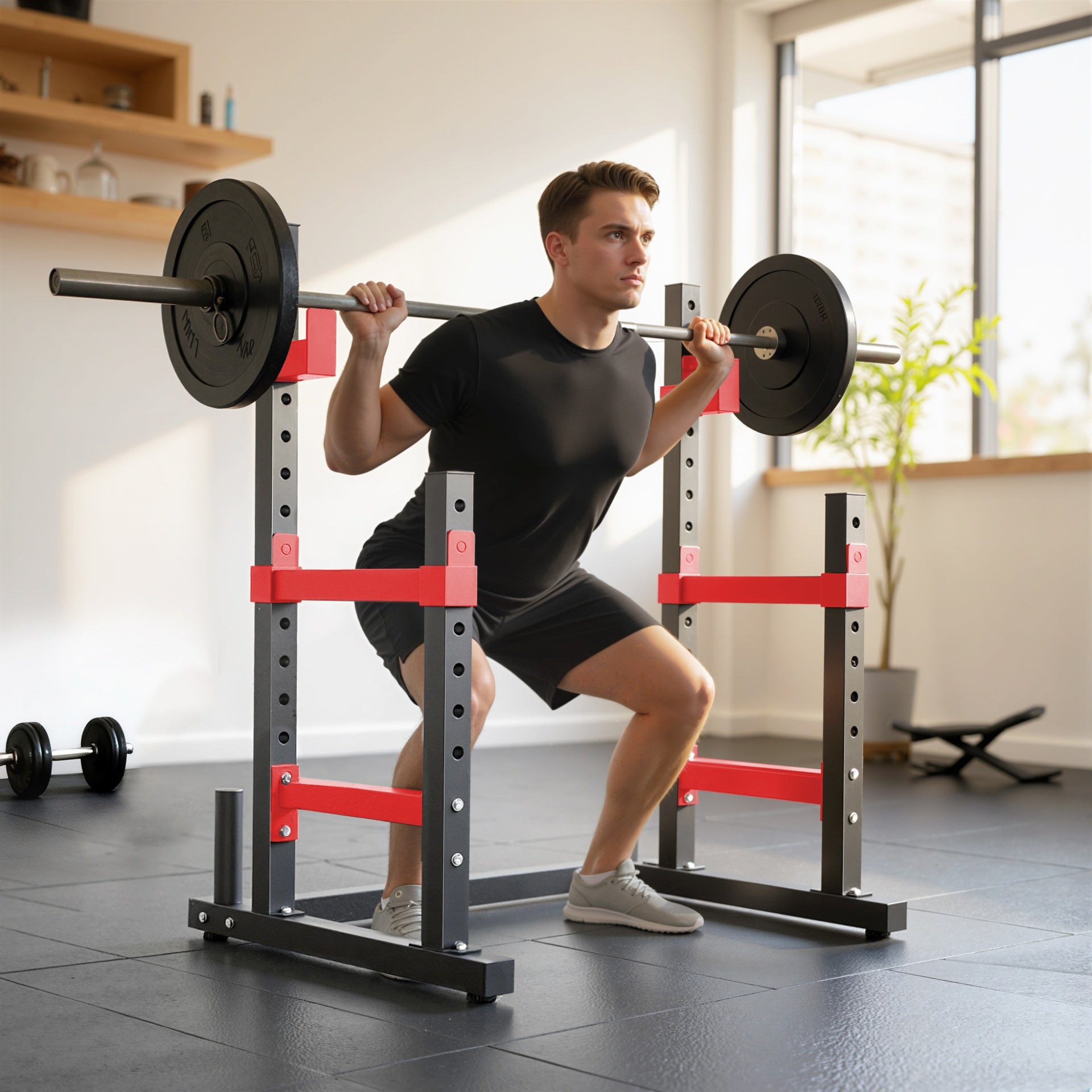 Soozier Adjustable Squat Rack, 660lbs Multi-Functional Bench Press Rack for Weight Lifting Home Gym Strength Training, Red