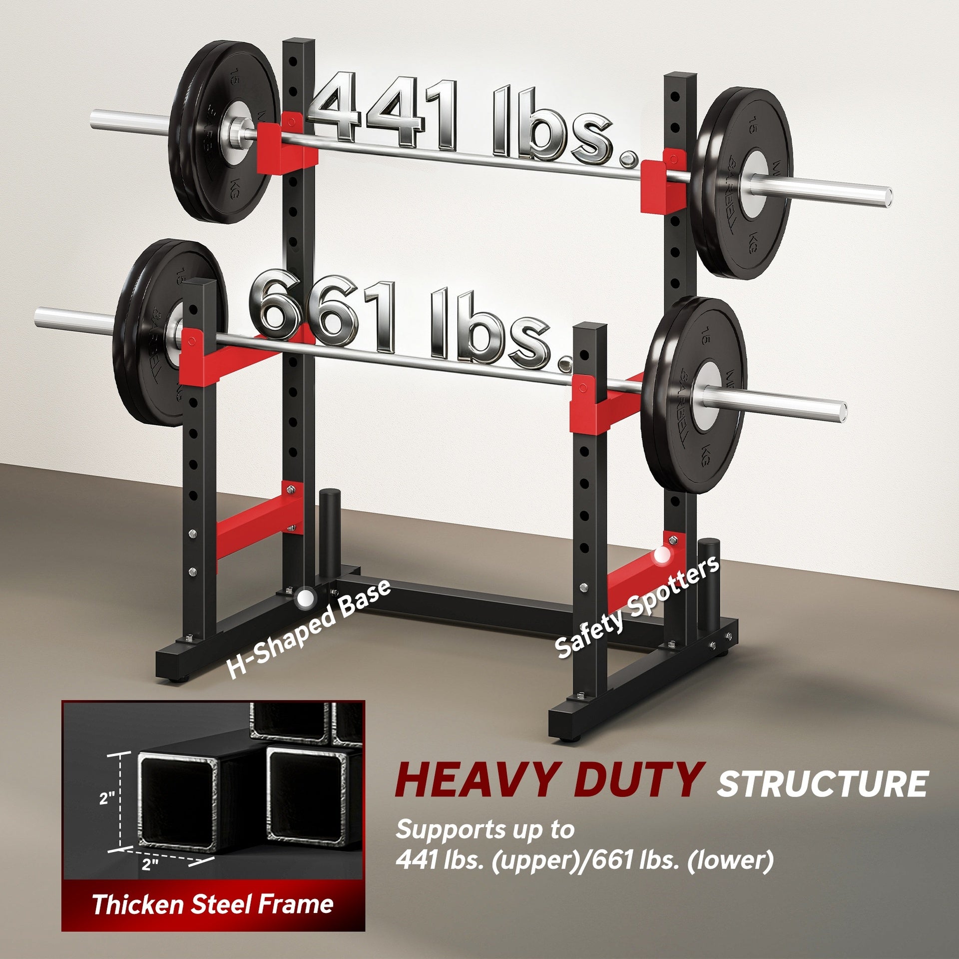 Soozier Adjustable Squat Rack, 660lbs Multi-Functional Bench Press Rack for Weight Lifting Home Gym Strength Training, Red