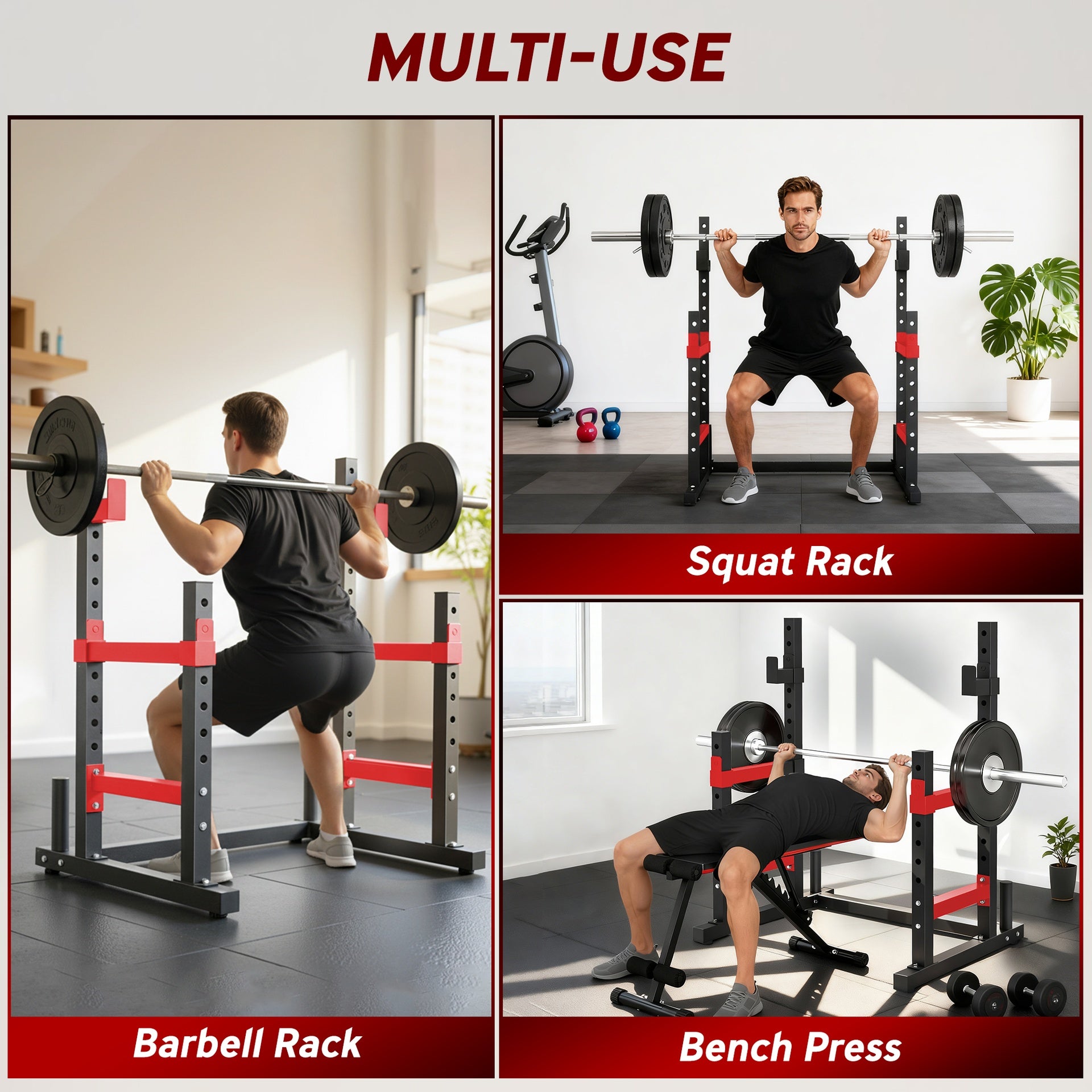 Soozier Adjustable Squat Rack, 660lbs Multi-Functional Bench Press Rack for Weight Lifting Home Gym Strength Training, Red