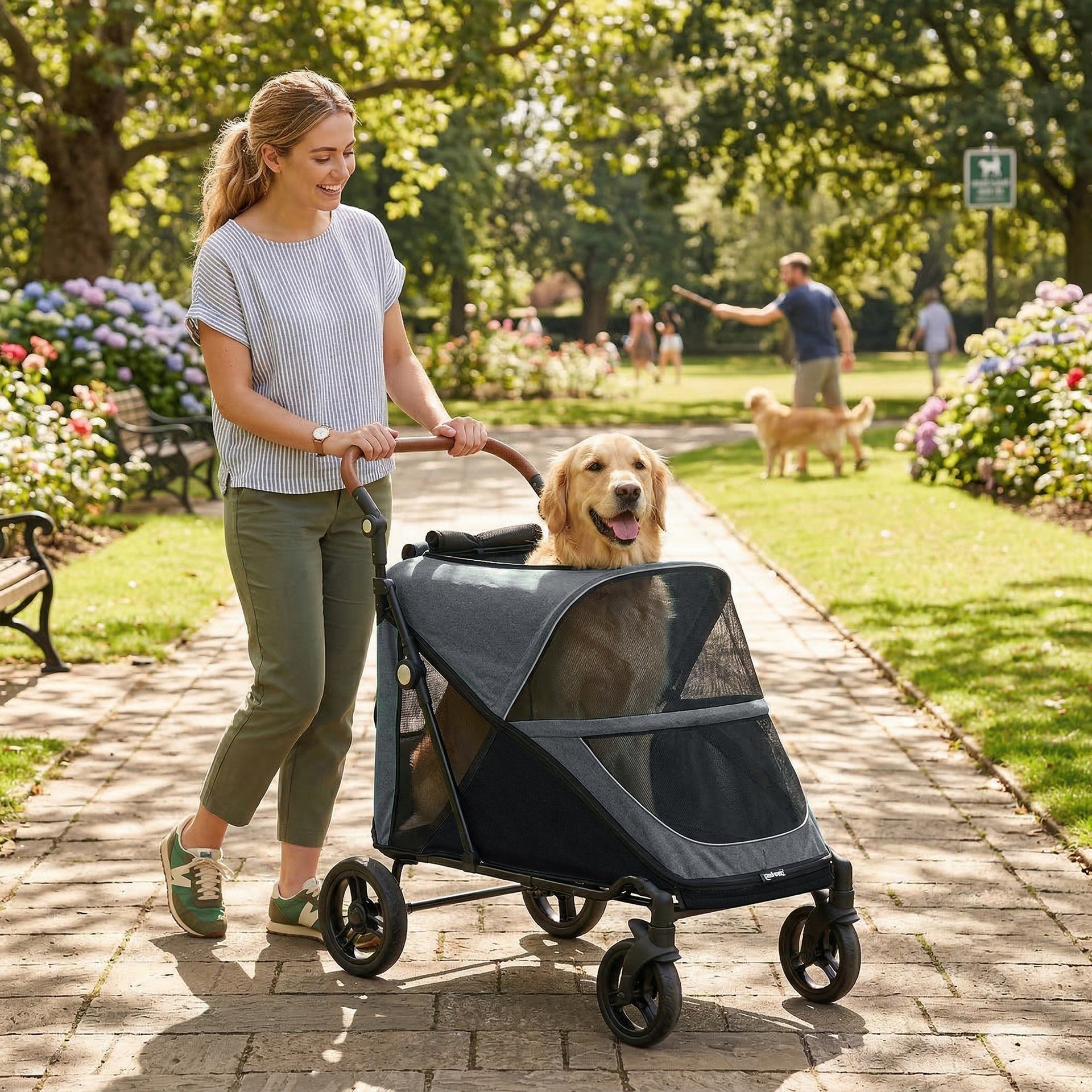 PawHut Dog Stroller for Large Dogs Up to 66 LBS with All-Terrain Spring Suspension, 8-Position Adjustable Handle, Gray