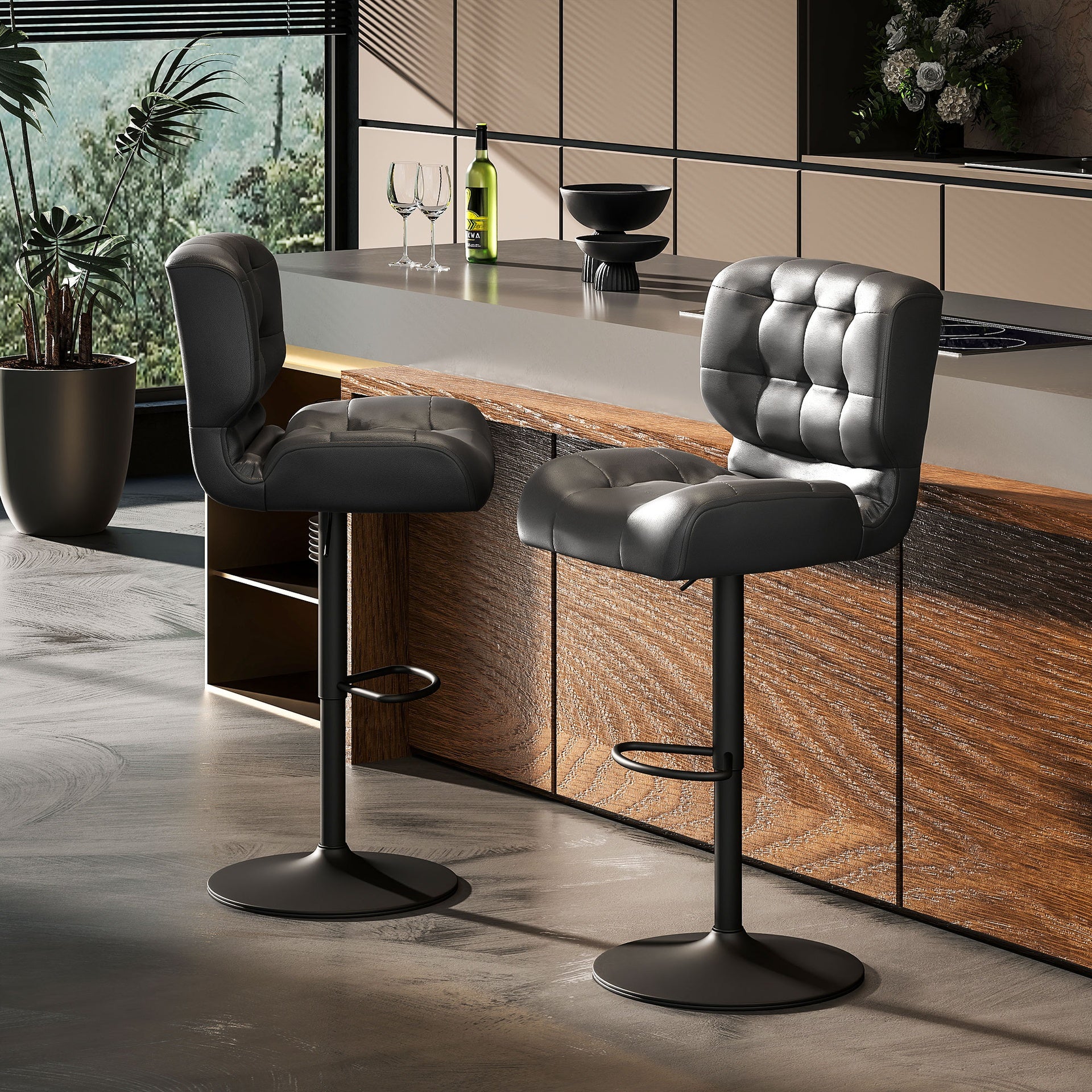 HOMCOM Bar Height Bar Stools Set of 2 with Adjustable Seat, Adjustable Swivel Barstools with Thick Padded Cushion and Metal Footrest for Home Bar, Black