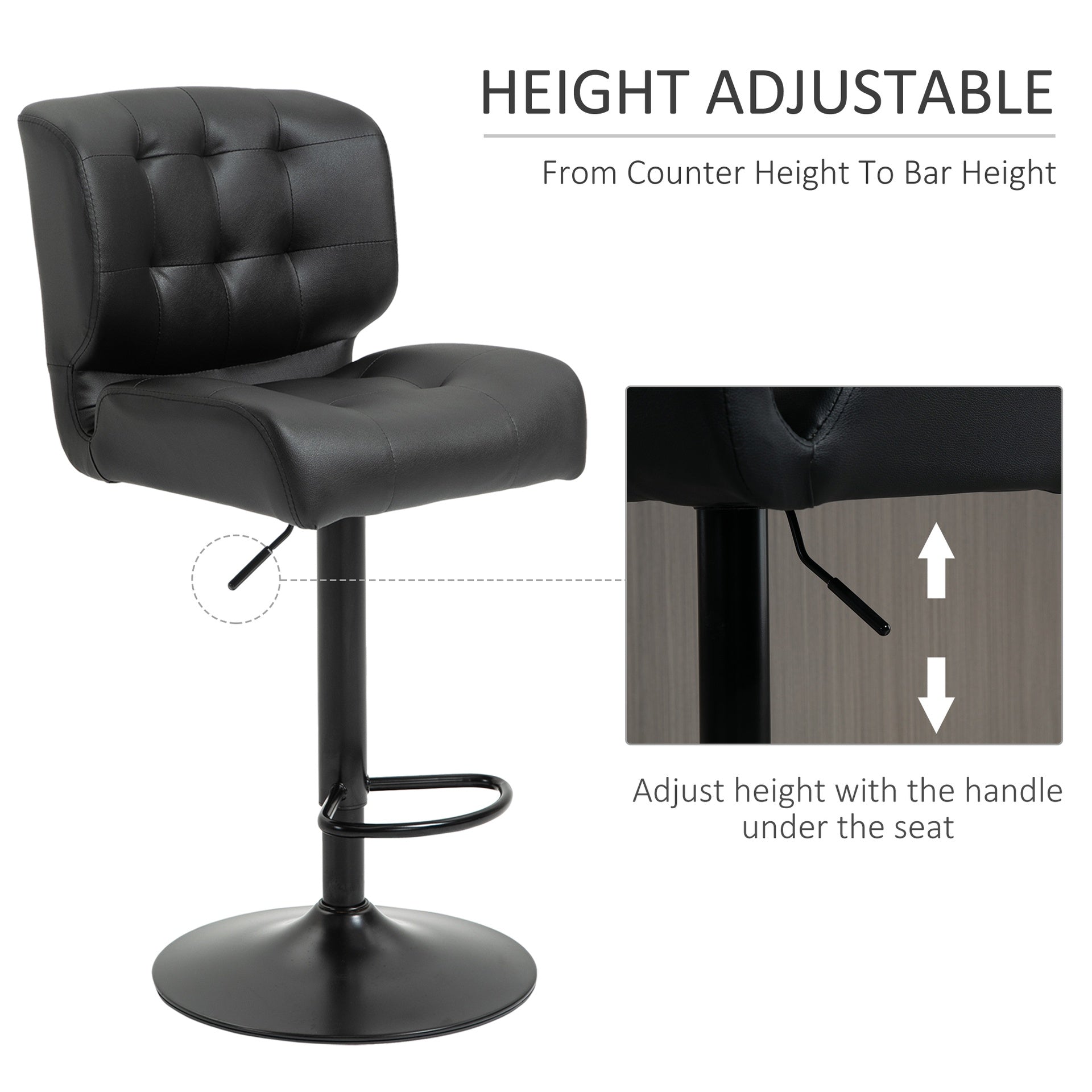 HOMCOM Bar Height Bar Stools Set of 2 with Adjustable Seat, Adjustable Swivel Barstools with Thick Padded Cushion and Metal Footrest for Home Bar, Black