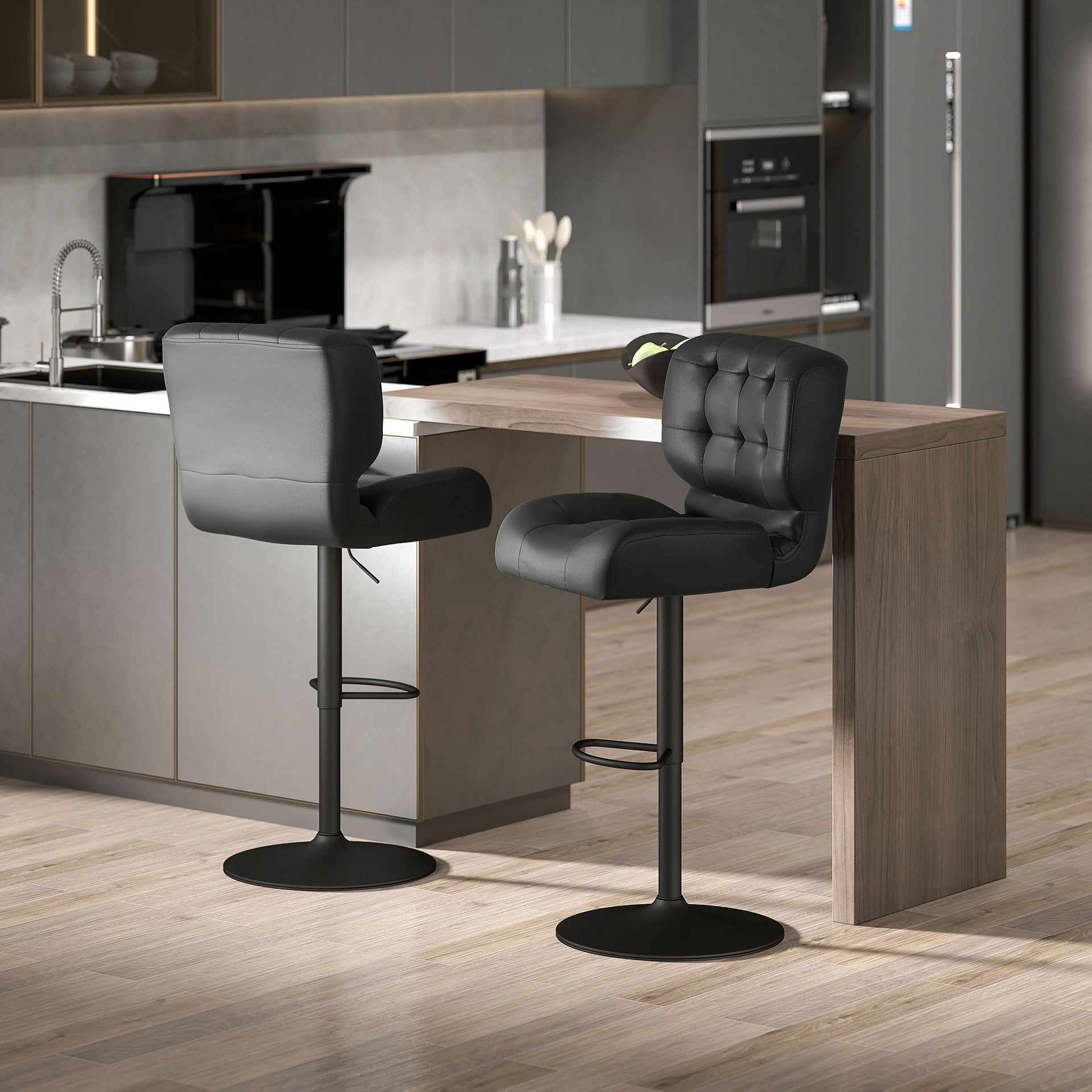 HOMCOM Bar Height Bar Stools Set of 2 with Adjustable Seat, Adjustable Swivel Barstools with Thick Padded Cushion and Metal Footrest for Home Bar, Black