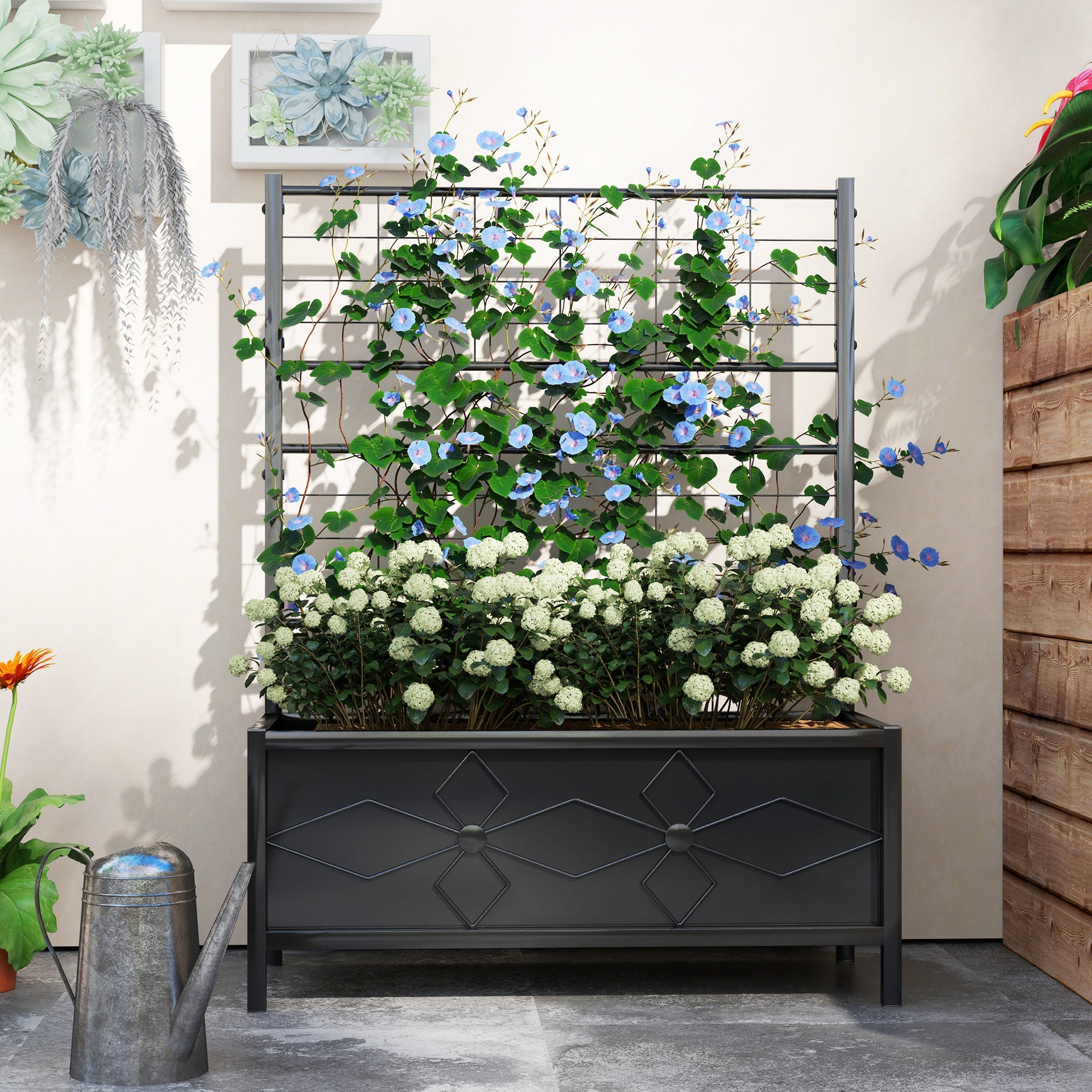 Outsunny Outdoor Planter Box Galvanized Raised Garden Bed with Trellis for Climbing Vines, 35.4" x 15.7" x 47.2", Black