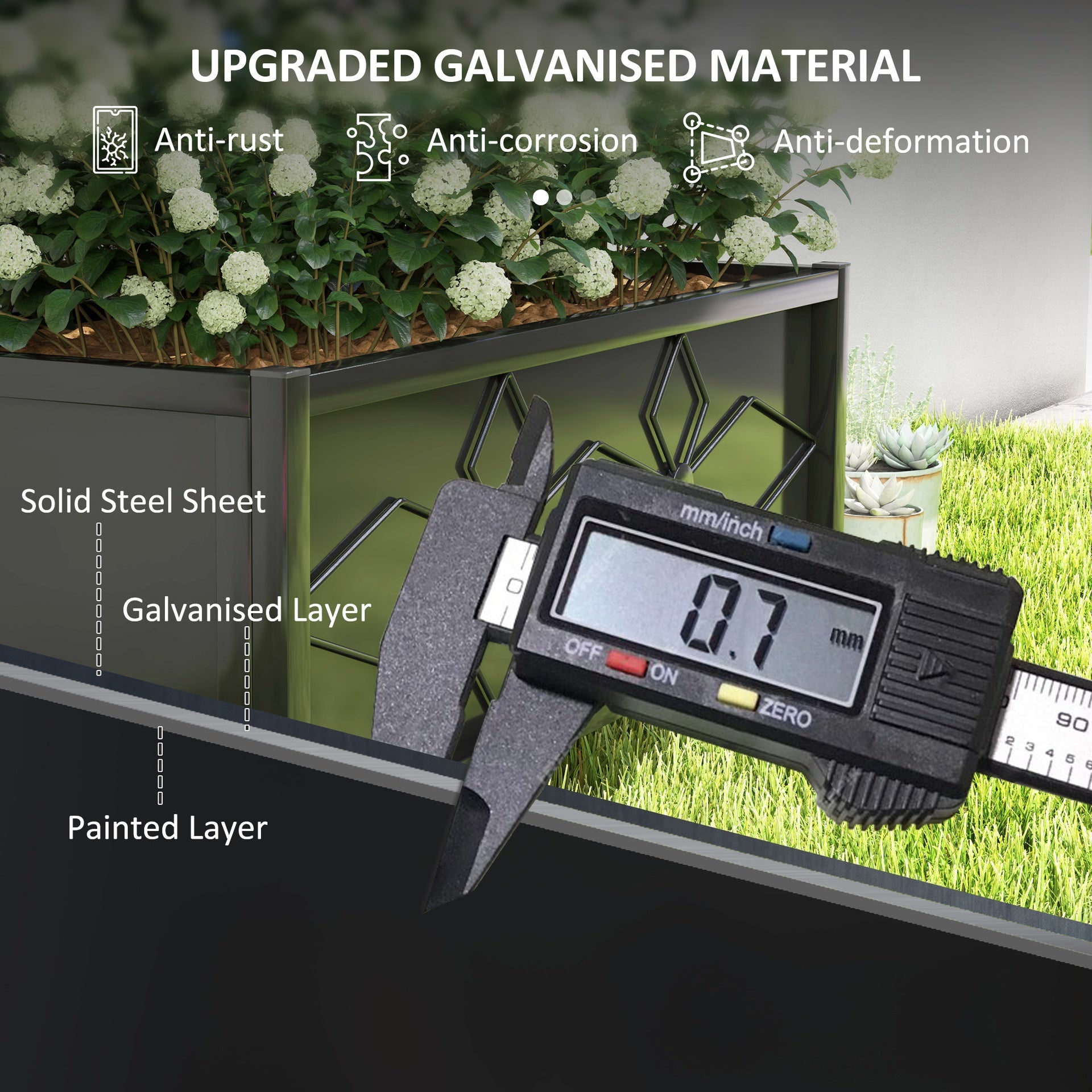 Outsunny Outdoor Planter Box Galvanized Raised Garden Bed with Trellis for Climbing Vines, 35.4" x 15.7" x 47.2", Black
