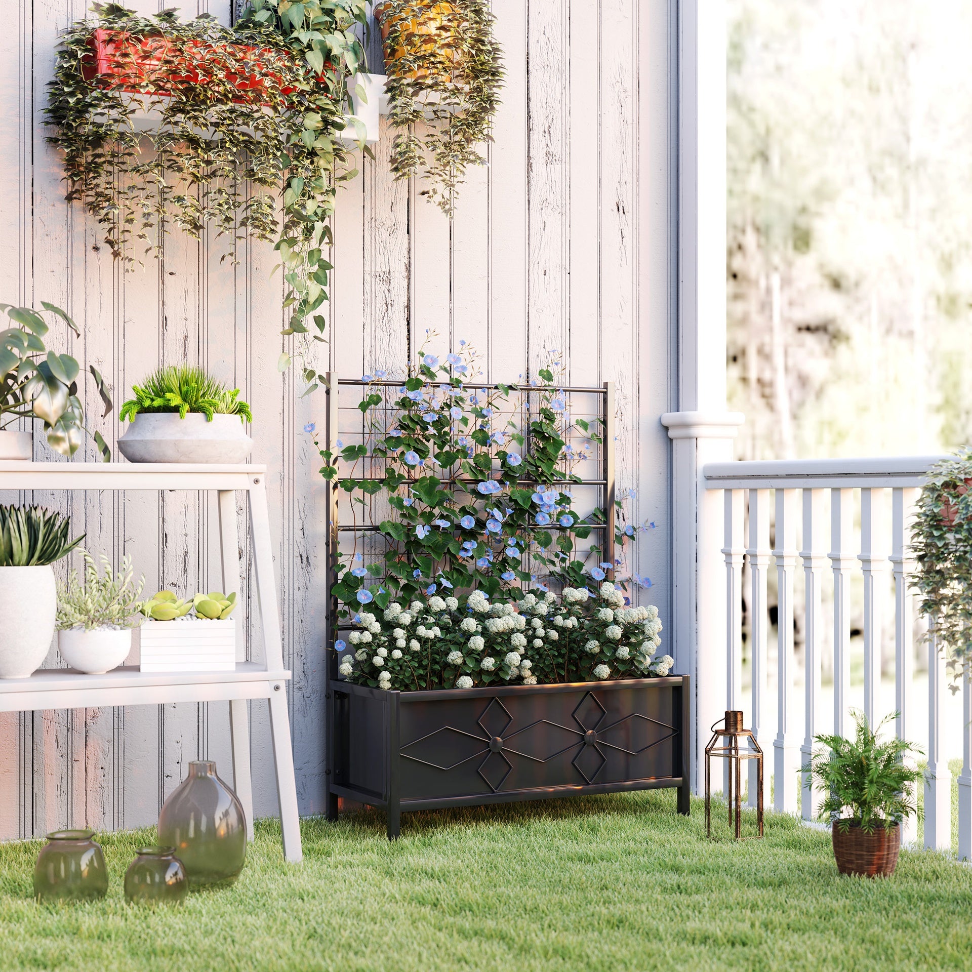 Outsunny Outdoor Planter Box Galvanized Raised Garden Bed with Trellis for Climbing Vines, 35.4" x 15.7" x 47.2", Black