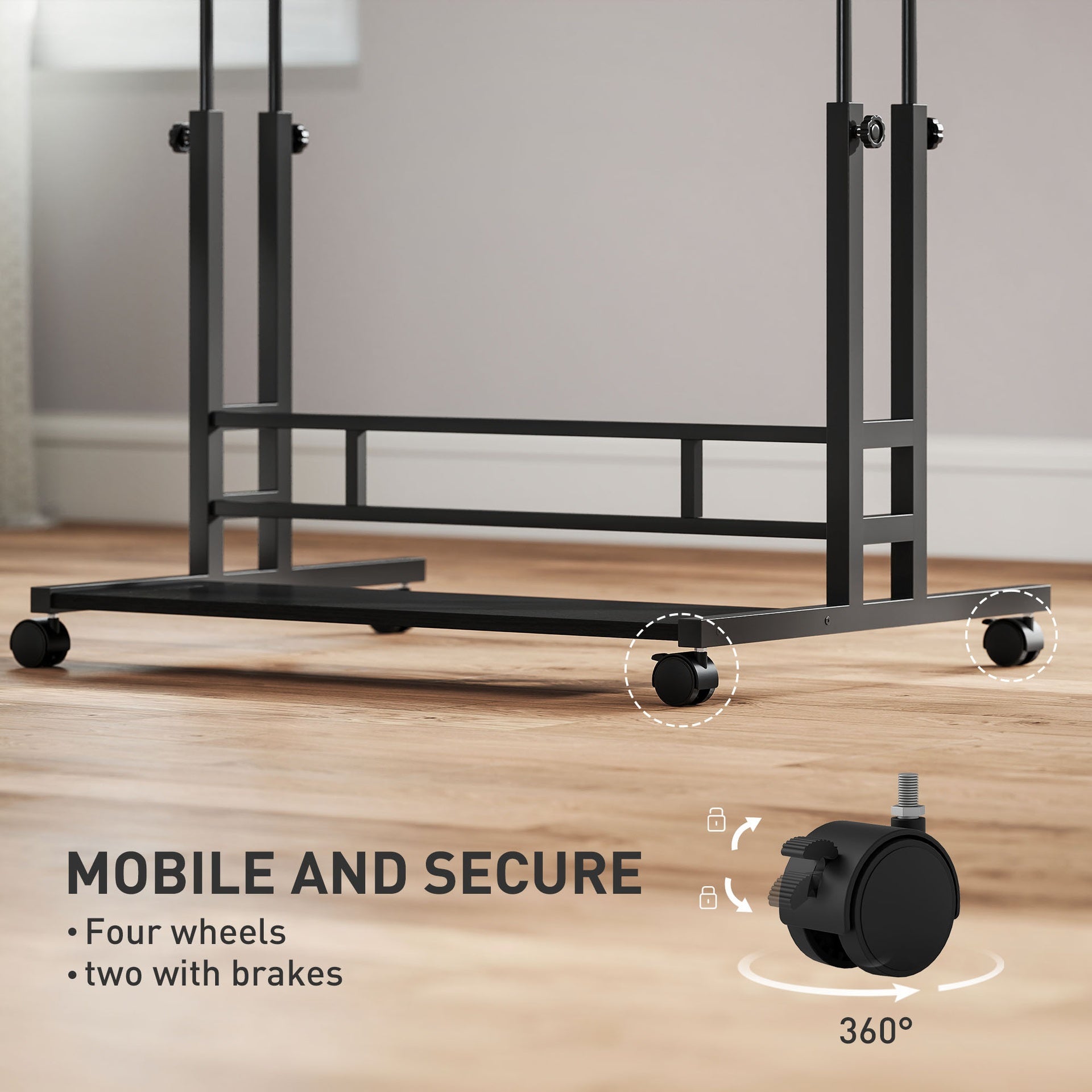 HOMCOM Adjustable Standing Desk with Power Outlets, Stand Up Desk with Tiltable Tabletop, Wheels, Shelf, for Home Office, Black