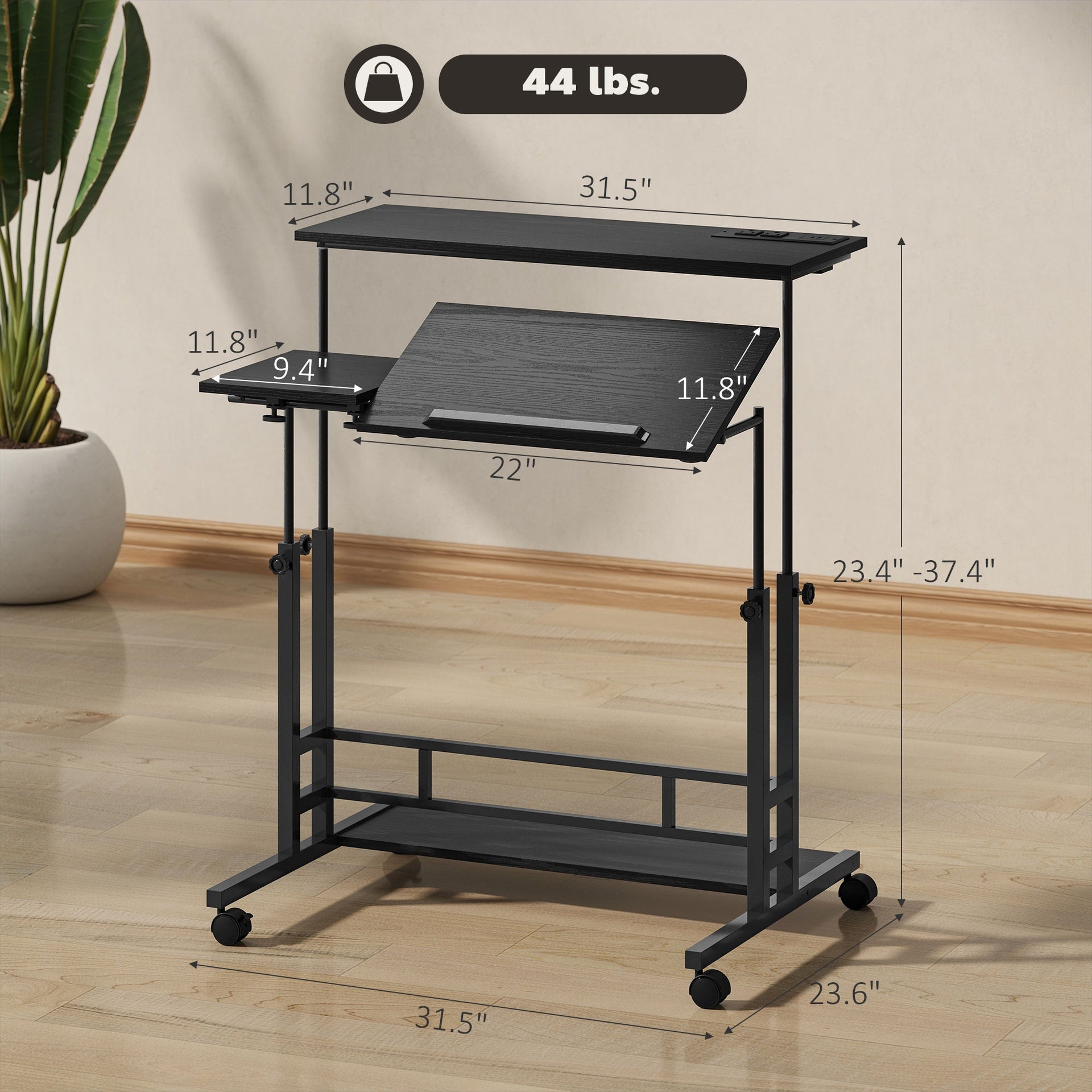HOMCOM Adjustable Standing Desk with Power Outlets, Stand Up Desk with Tiltable Tabletop, Wheels, Shelf, for Home Office, Black