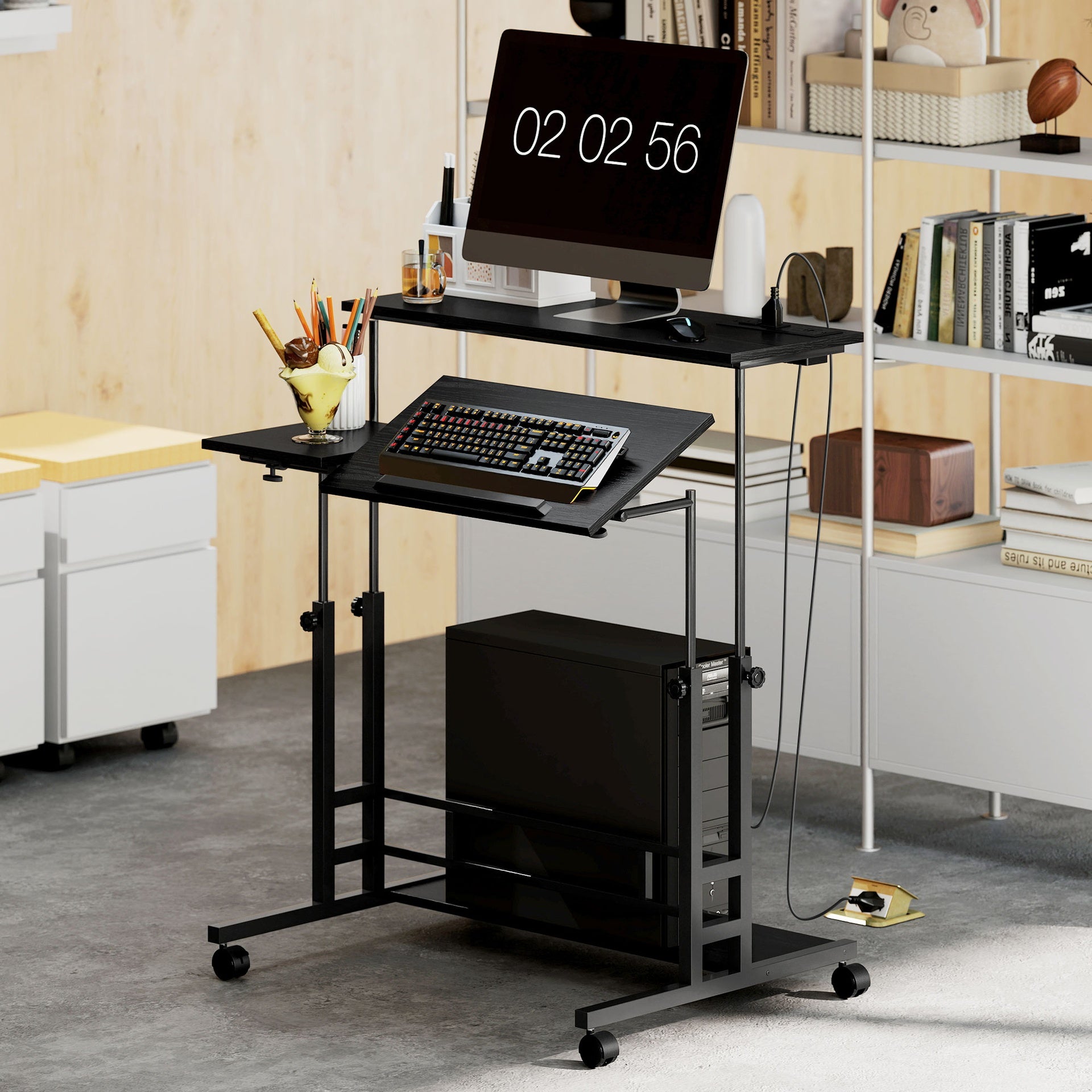 HOMCOM Adjustable Standing Desk with Power Outlets, Stand Up Desk with Tiltable Tabletop, Wheels, Shelf, for Home Office, Black