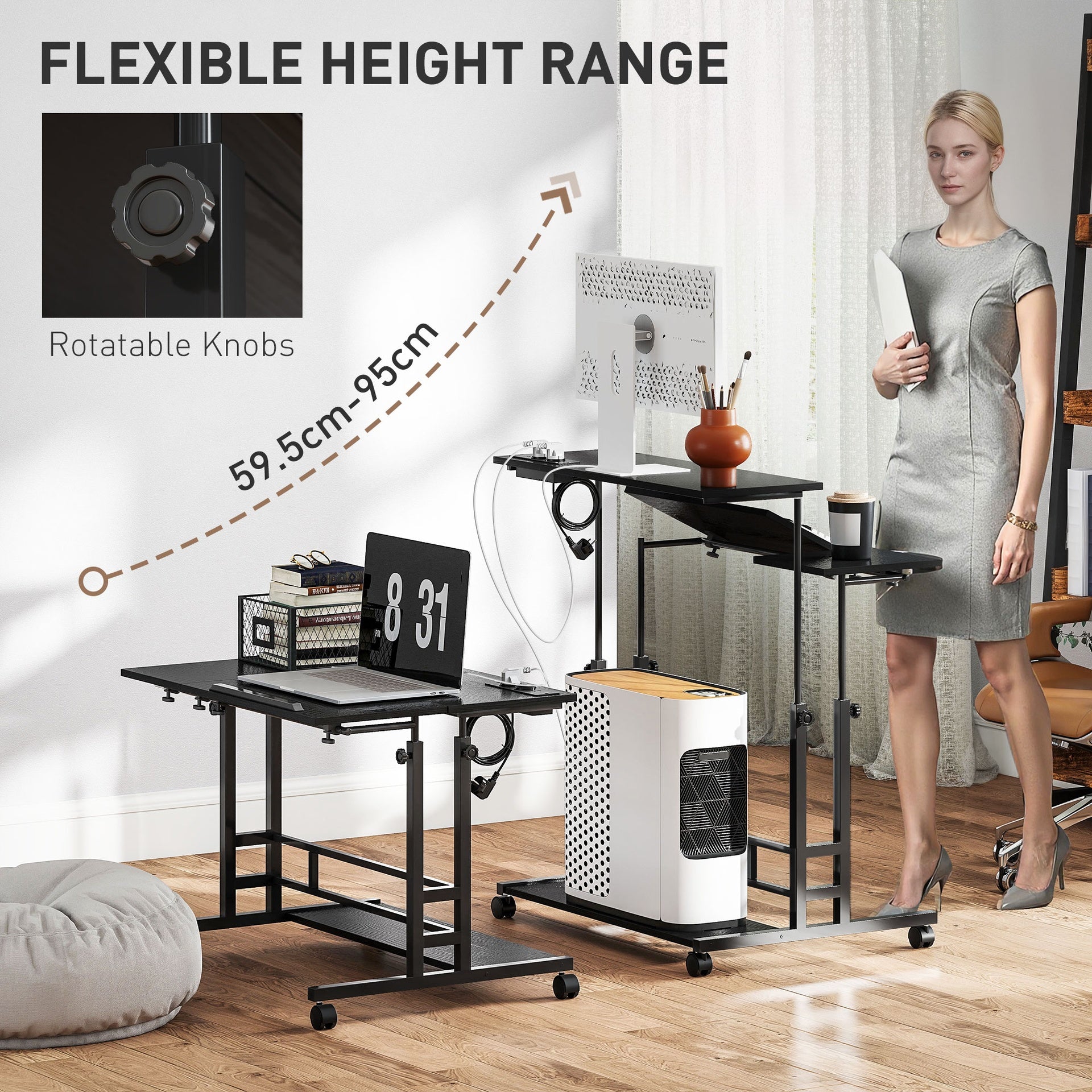 HOMCOM Adjustable Standing Desk with Power Outlets, Stand Up Desk with Tiltable Tabletop, Wheels, Shelf, for Home Office, Black