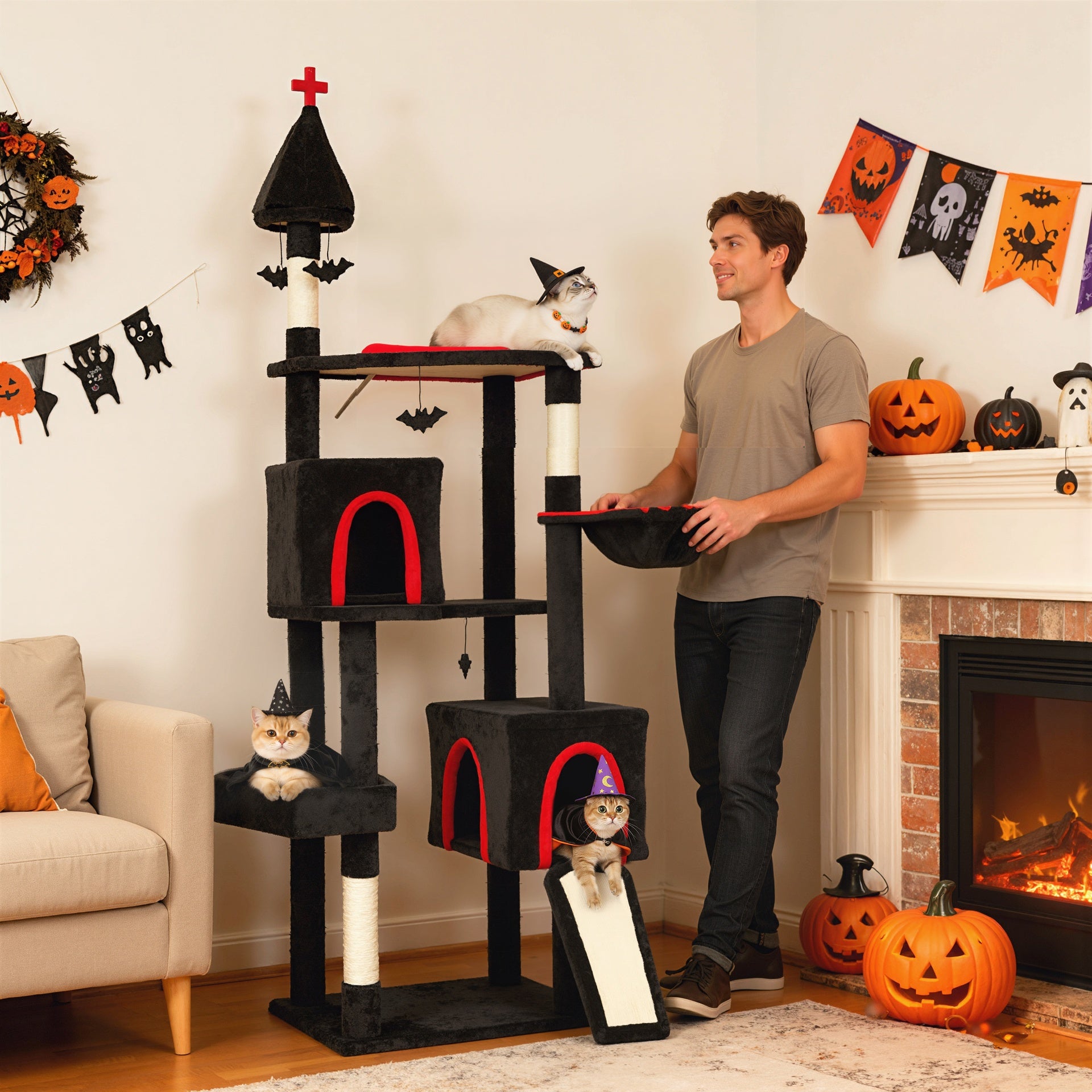PawHut 78" Gothic Cat Tree, Cat Tower with Coffin Bed, 2 Spacious Condos, Sisal Scratching Posts, Bat Hanging Balls, Halloween