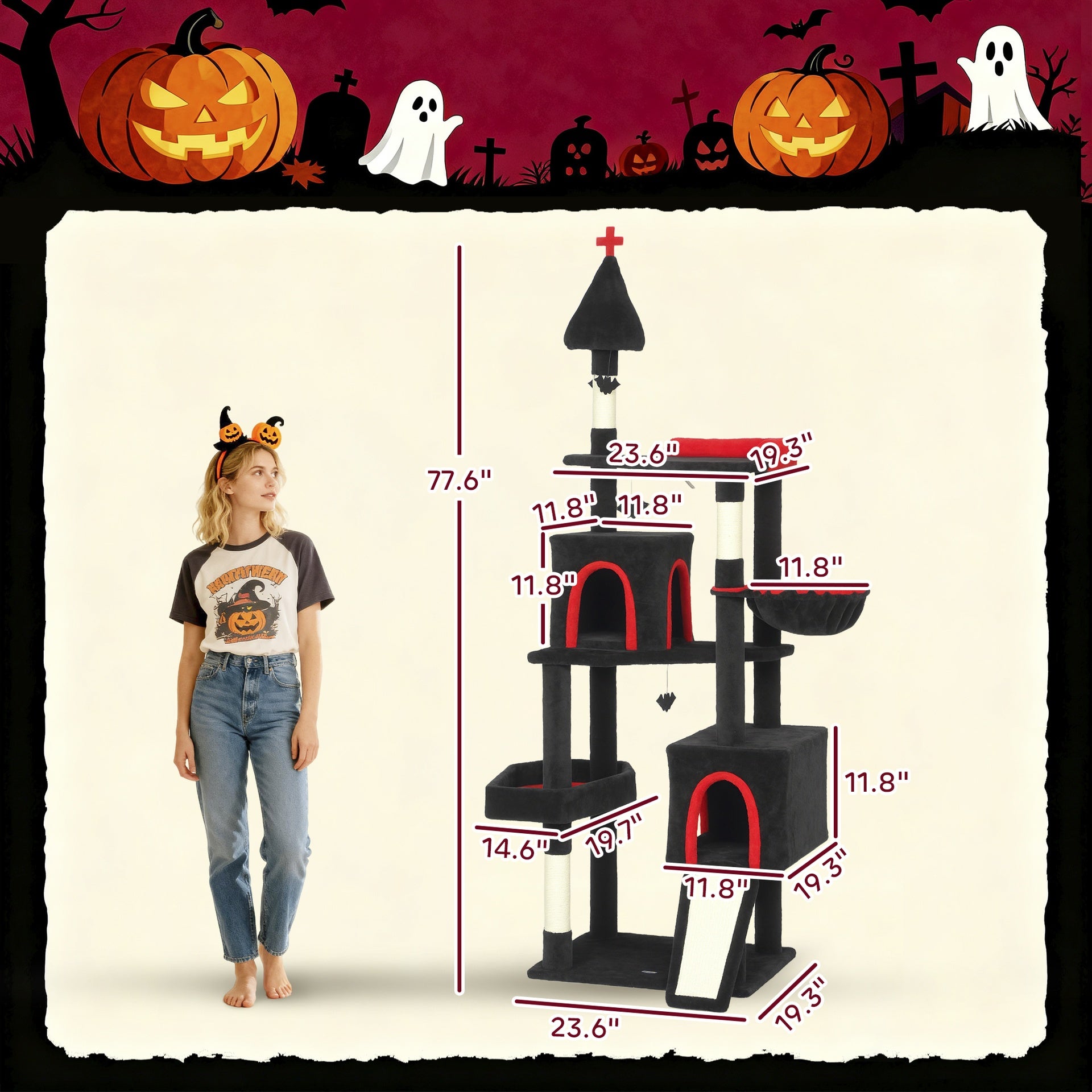 PawHut 78" Gothic Cat Tree, Cat Tower with Coffin Bed, 2 Spacious Condos, Sisal Scratching Posts, Bat Hanging Balls, Halloween