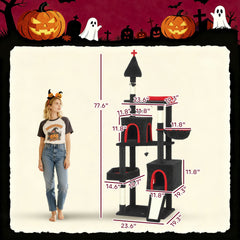 PawHut 78" Gothic Cat Tree, Cat Tower with Coffin Bed, 2 Spacious Condos, Sisal Scratching Posts, Bat Hanging Balls, Halloween