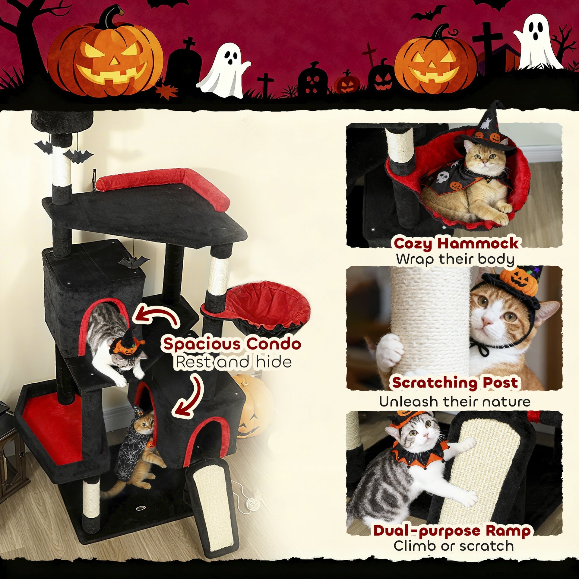 PawHut 78" Gothic Cat Tree, Cat Tower with Coffin Bed, 2 Spacious Condos, Sisal Scratching Posts, Bat Hanging Balls, Halloween