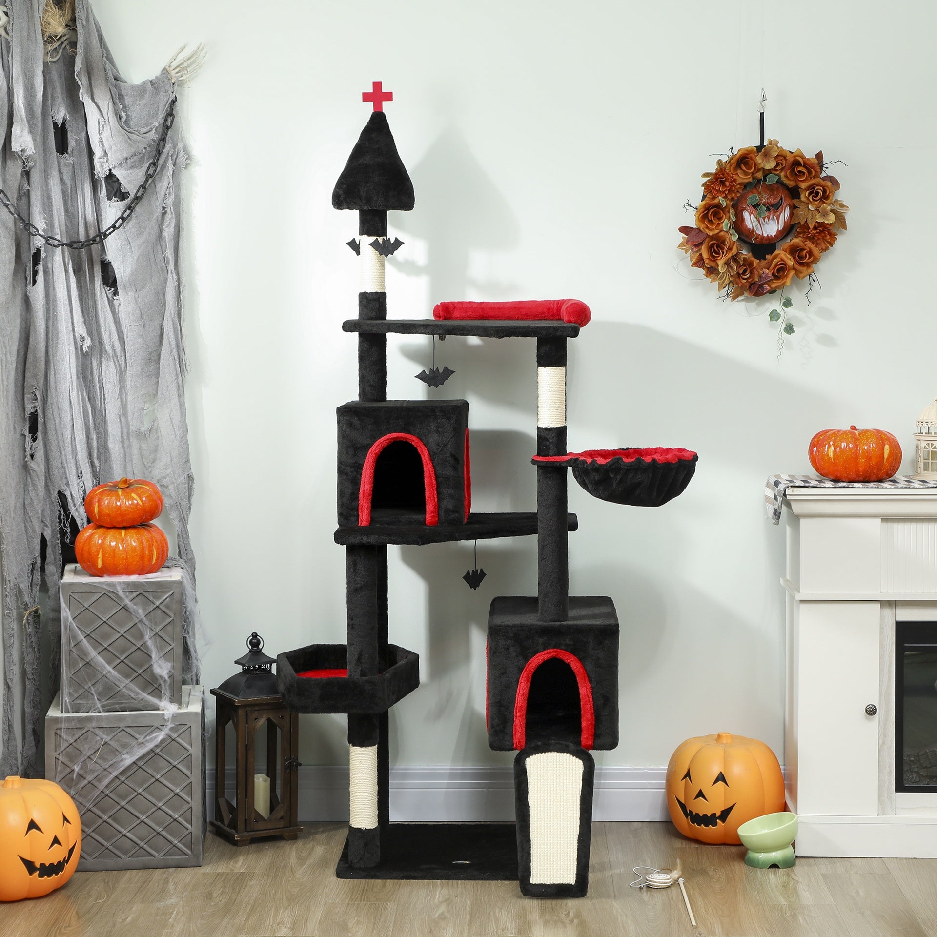 PawHut 78" Gothic Cat Tree, Cat Tower with Coffin Bed, 2 Spacious Condos, Sisal Scratching Posts, Bat Hanging Balls, Halloween