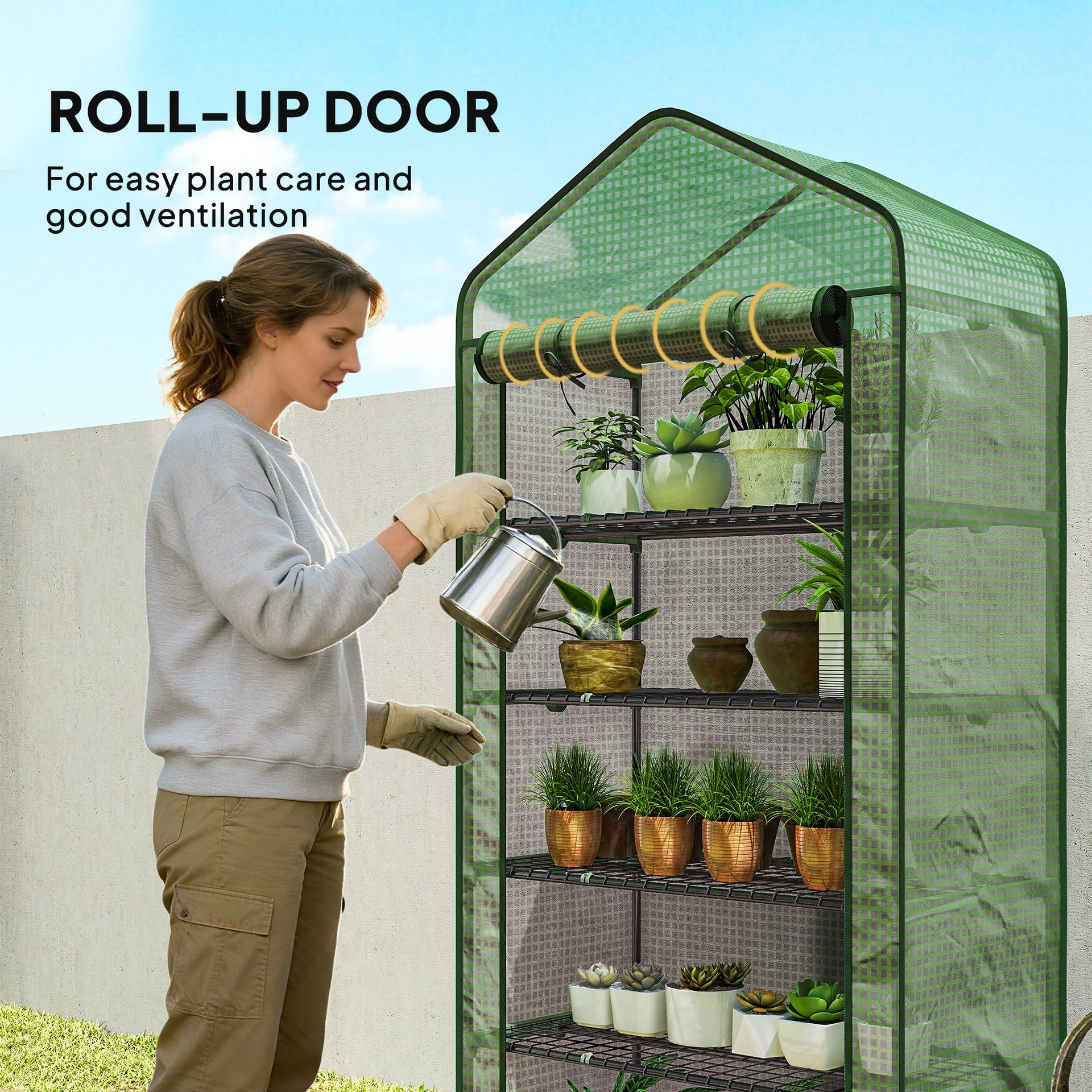 Outsunny 5 Tier Mini Greenhouse, Small Portable Greenhouse with PE Cover, Roll-Up Zippered Door, 76" x 35.4" x 19.3", Green