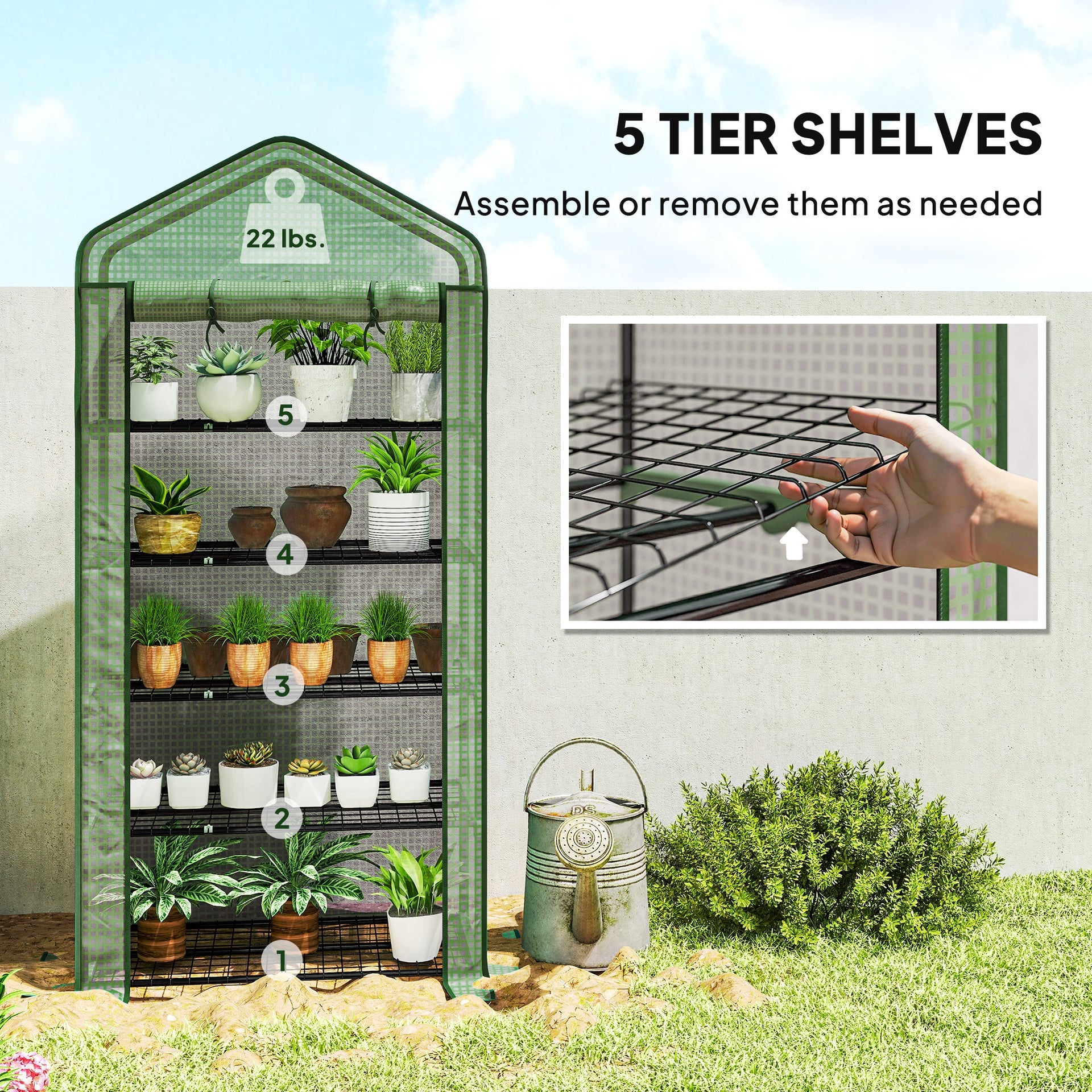 Outsunny 5 Tier Mini Greenhouse, Small Portable Greenhouse with PE Cover, Roll-Up Zippered Door, 76" x 35.4" x 19.3", Green