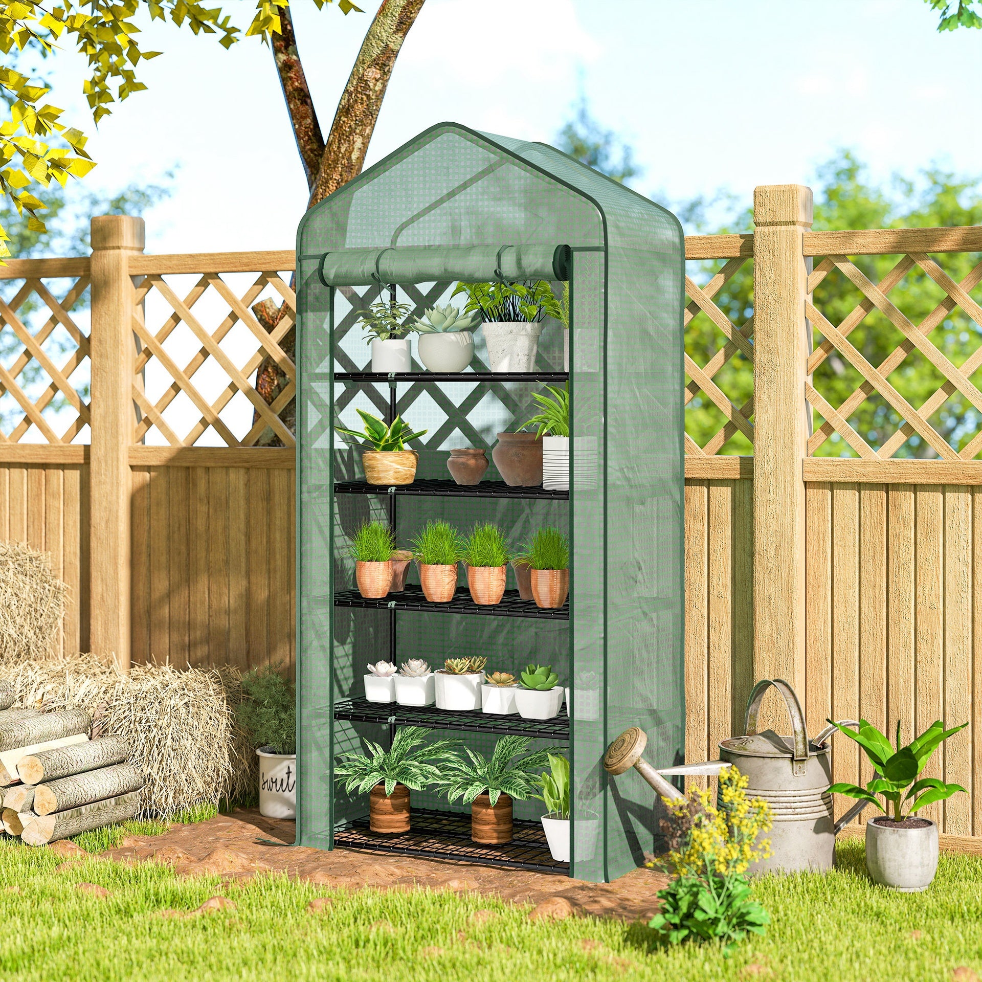 Outsunny 5 Tier Mini Greenhouse, Small Portable Greenhouse with PE Cover, Roll-Up Zippered Door, 76" x 35.4" x 19.3", Green