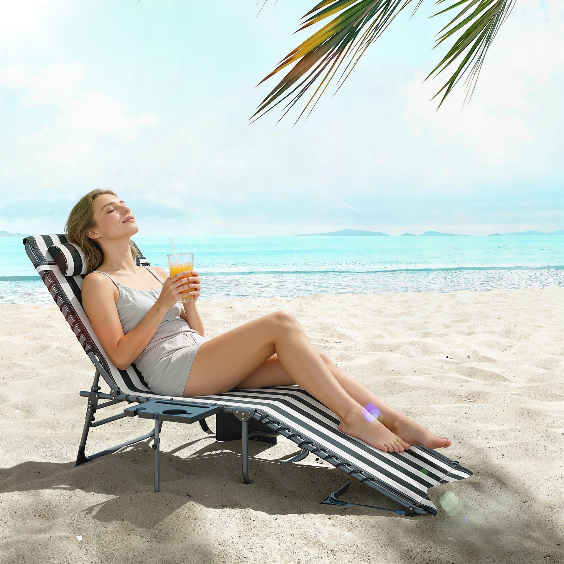 Outsunny Folding Outdoor Chaise Lounge Chair Tanning Chair with 5-Level Adjustable Back, Side Table, Pillow, Pocket, Blue White