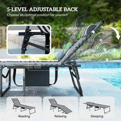 Outsunny Folding Outdoor Chaise Lounge Chair Tanning Chair with 5-Level Adjustable Back, Side Table, Pillow, Pocket, Blue White