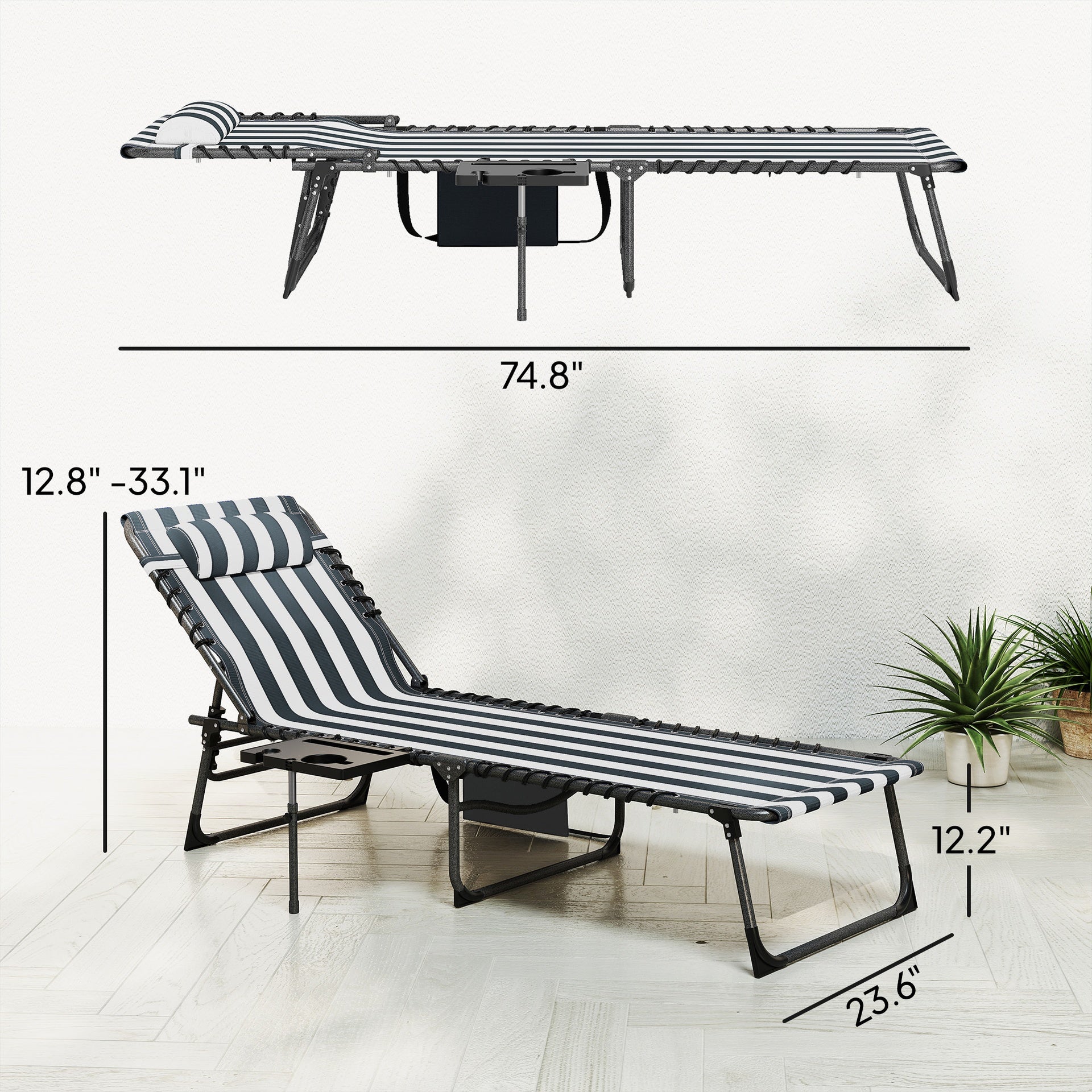 Outsunny Folding Outdoor Chaise Lounge Chair Tanning Chair with 5-Level Adjustable Back, Side Table, Pillow, Pocket, Blue White