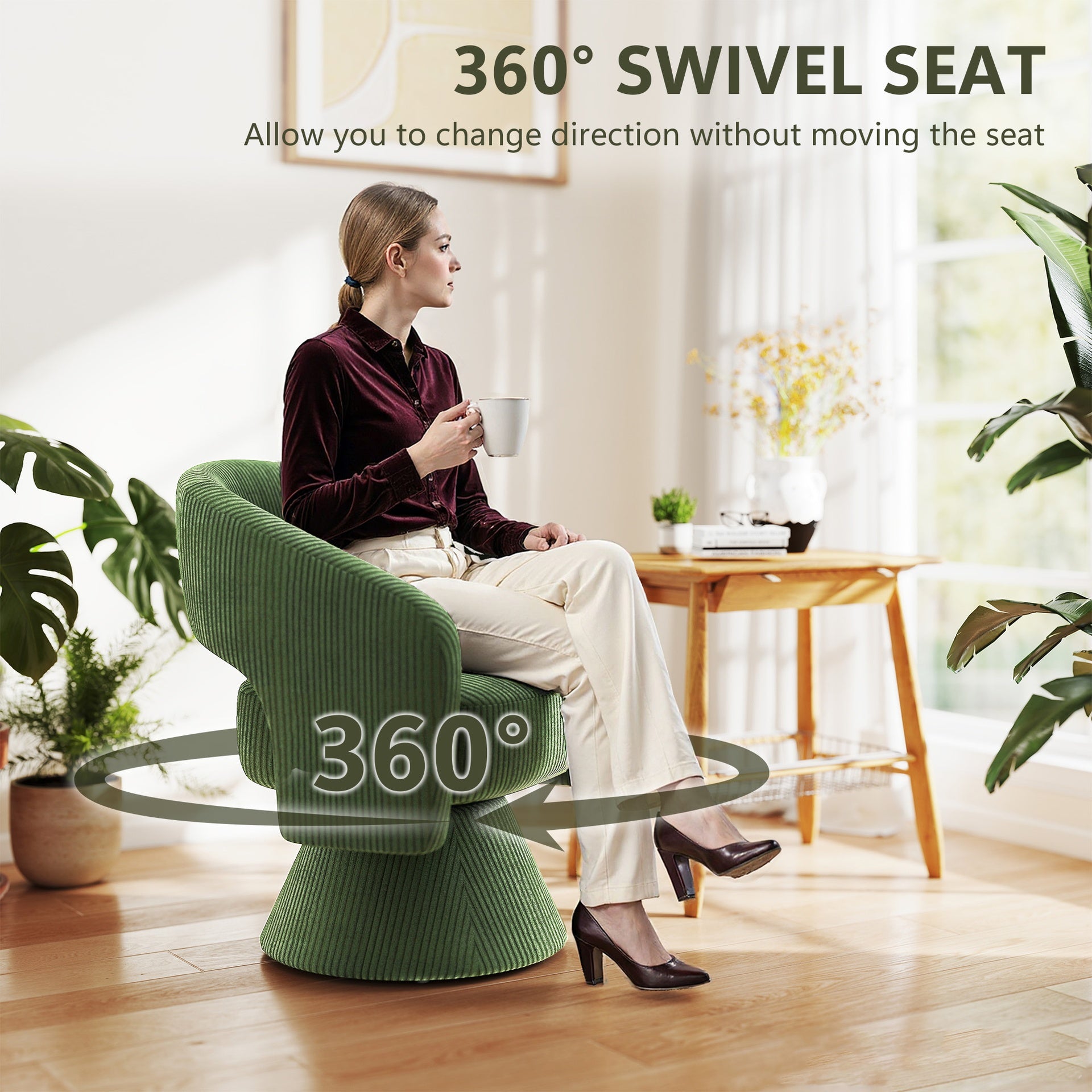 HOMCOM Swivel Barrel Accent Chair, Modern Upholstered Living Room Chair with Thick Padding for Reading, Green