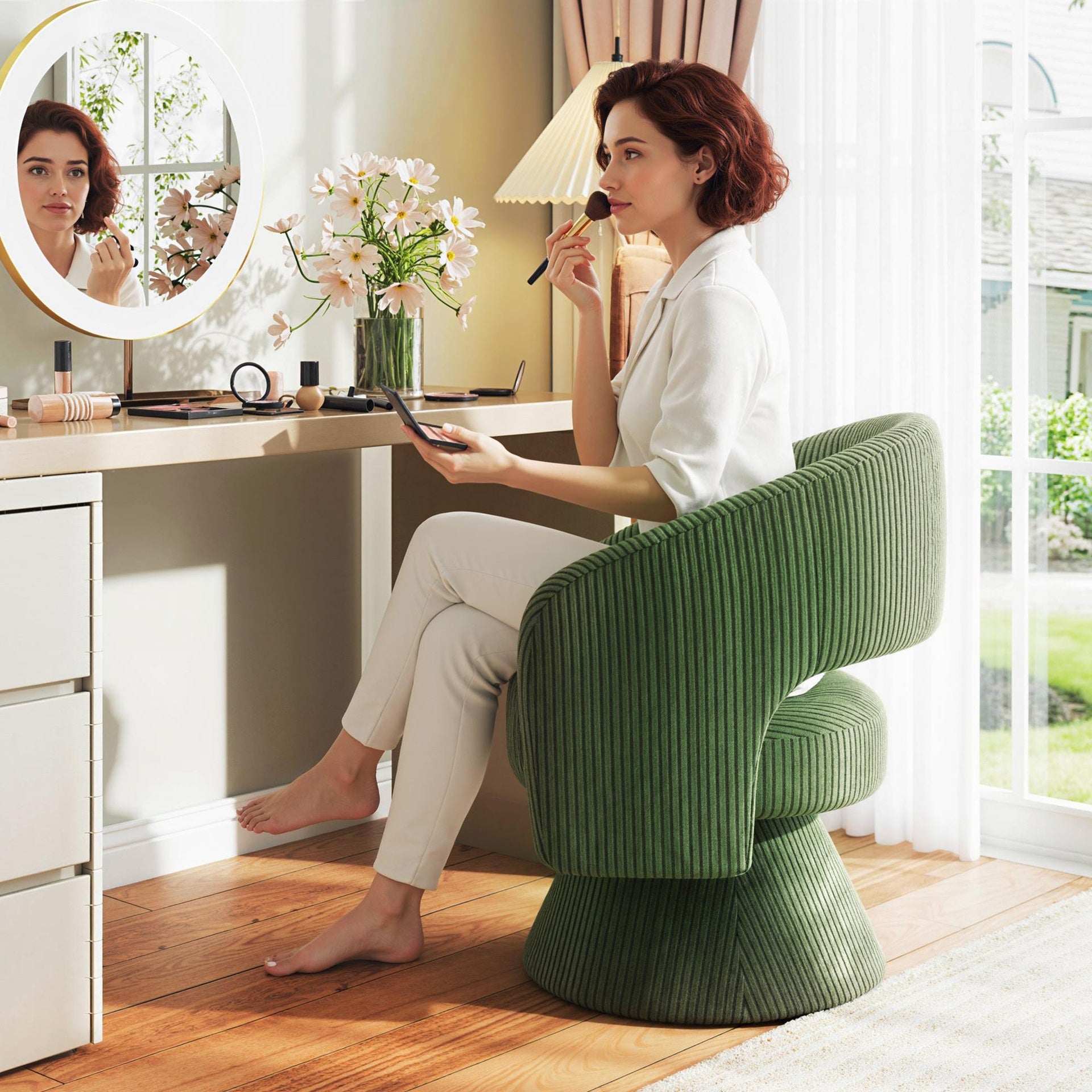 HOMCOM Swivel Barrel Accent Chair, Modern Upholstered Living Room Chair with Thick Padding for Reading, Green