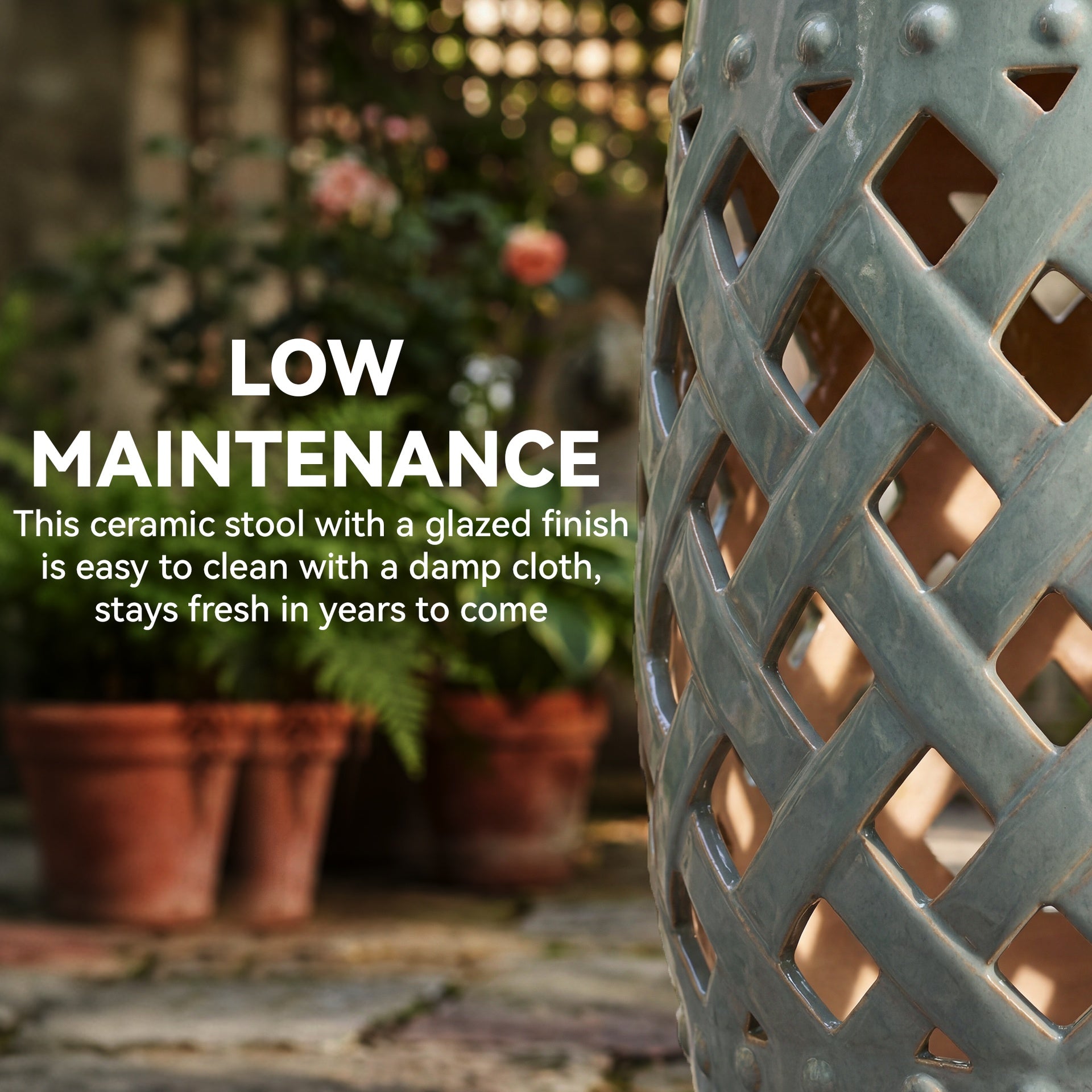 Outsunny 13" x 18" Ceramic Garden Stool with Woven Lattice Design & Glazed Strong Materials Decorative Outdoor Stool, Green