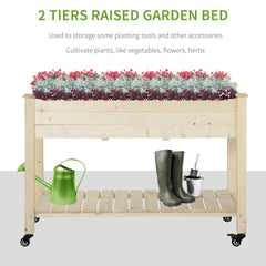 Outsunny Raised Garden Bed, 47" x 22" x 33", Elevated Wooden Planter Box w/ Lockable Wheels, Storage Shelf, and Bed Liner for Backyard, Patio, Natural