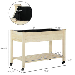 Outsunny Raised Garden Bed, 47" x 22" x 33", Elevated Wooden Planter Box w/ Lockable Wheels, Storage Shelf, and Bed Liner for Backyard, Patio, Natural